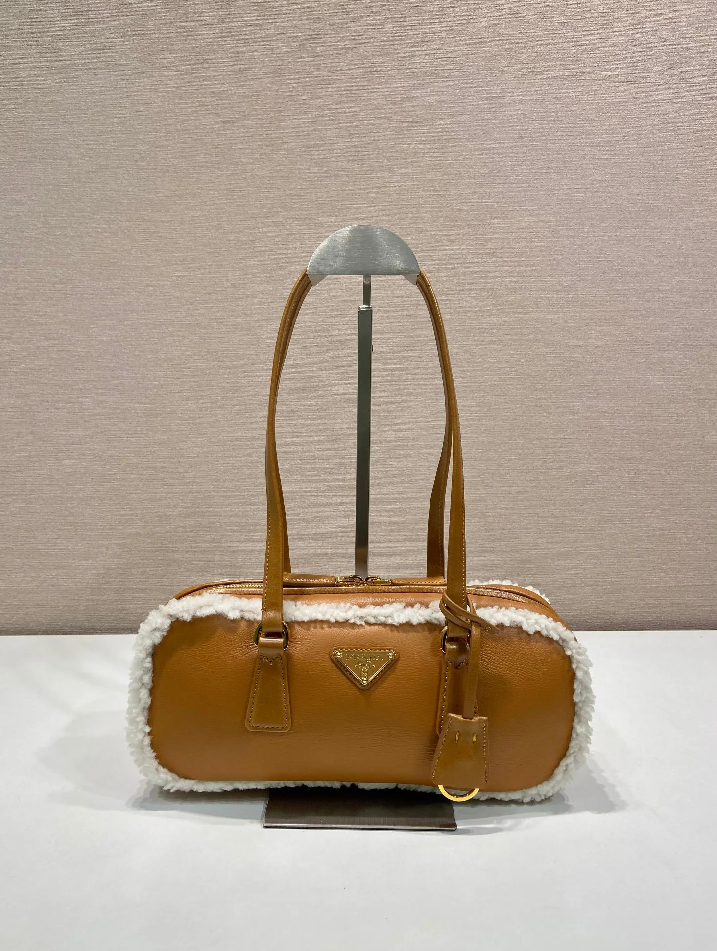 Prada TOP HANDLE BAG 27 IN BRONZE BROWN SHEEPSKIN AND SHEARLING TRIM