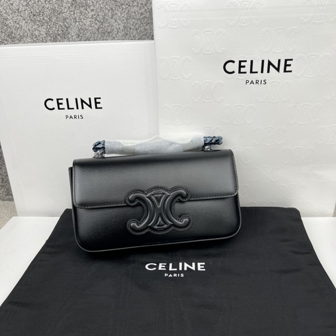 Celine Ivory& Black Shiny Calfskin Horizontal Long Leather Triomphe Patch Gold Chain Bag / 15A - KAIROO