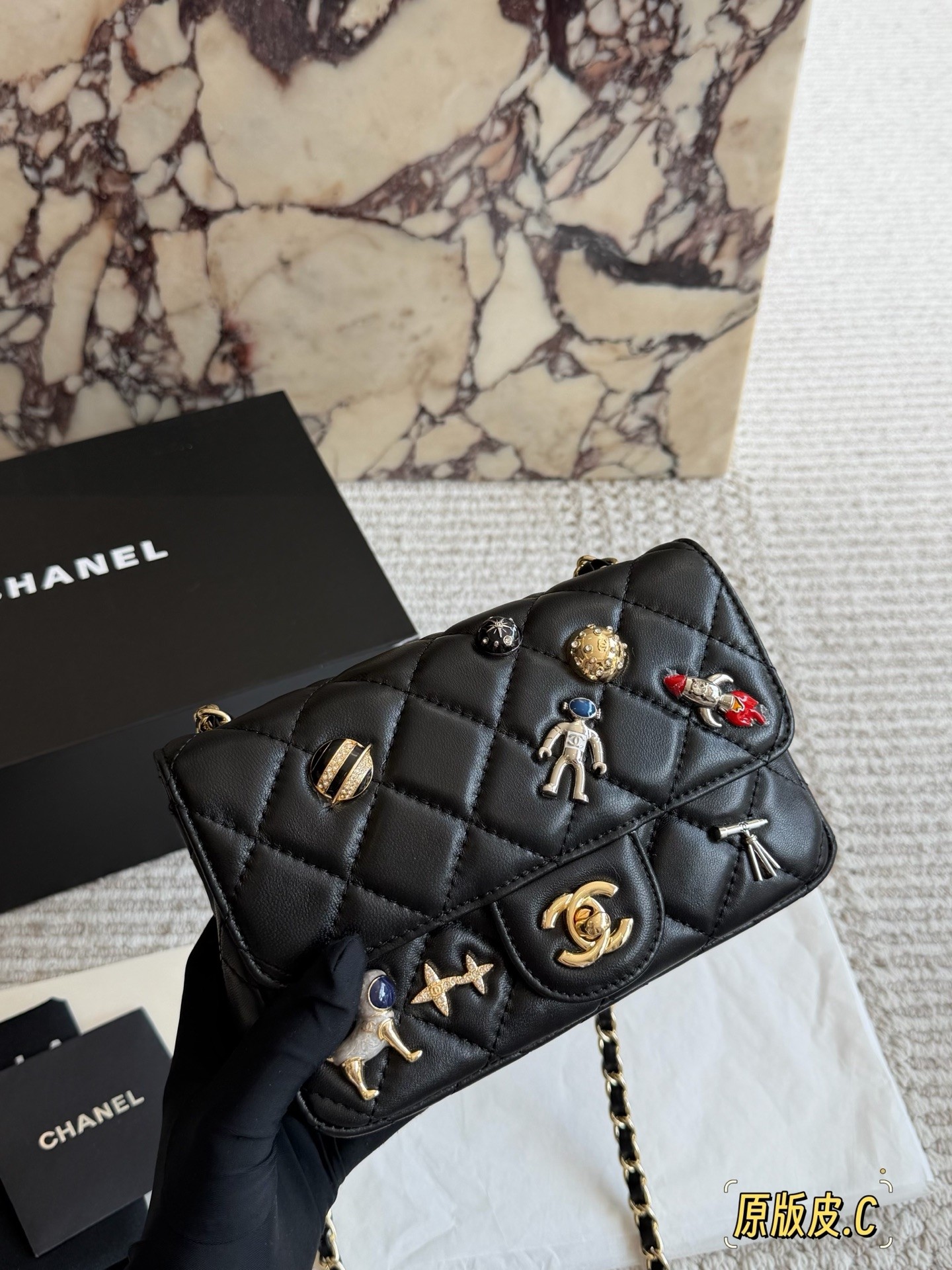 Chanel CF Mini Quilted Leather Astronaut Space Station Enamel Charms Flap Chain Shoulder Bag - KAIROO