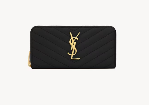 Saint Laurent Black Cassandre Zip Around Wallet in Grained leather