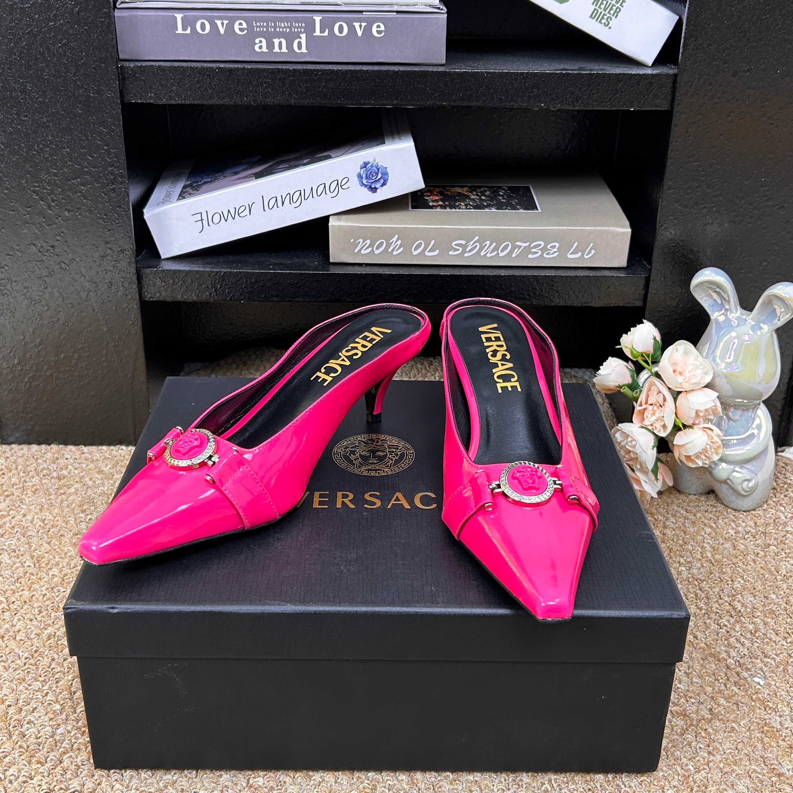 Versace Shiny Leather Heeled Slides