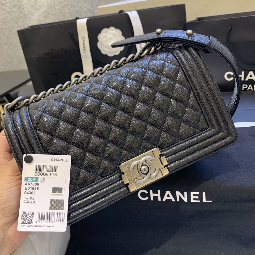 Chanel Medium Boy Bag in Black Grained Calfskin Ruthenium-Finish Metal