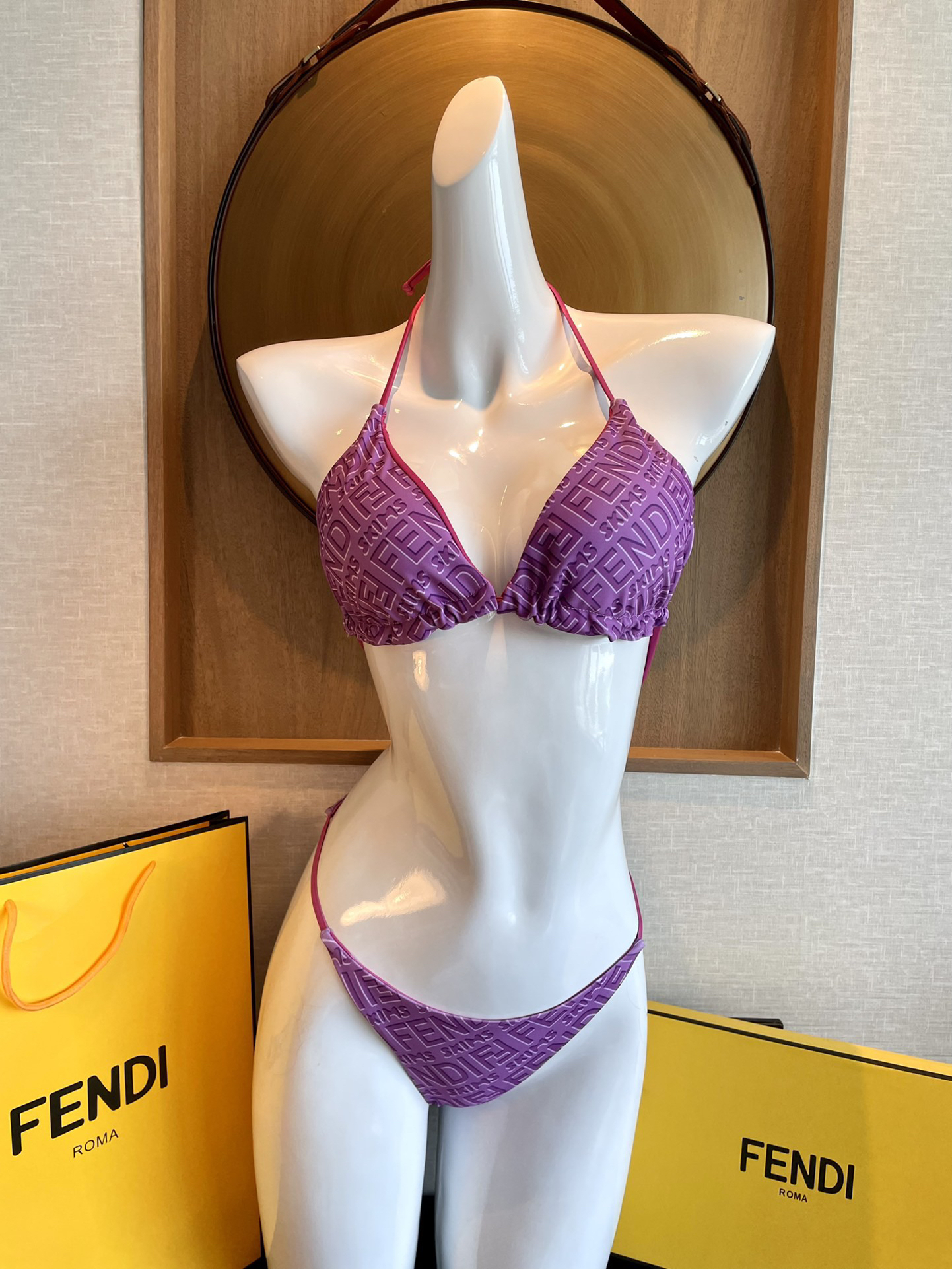Fendi x SKIMS Embossed Logo Print Purple Tie Strap Triangle Bikini Two-Piece Swimsuit - KAIROO