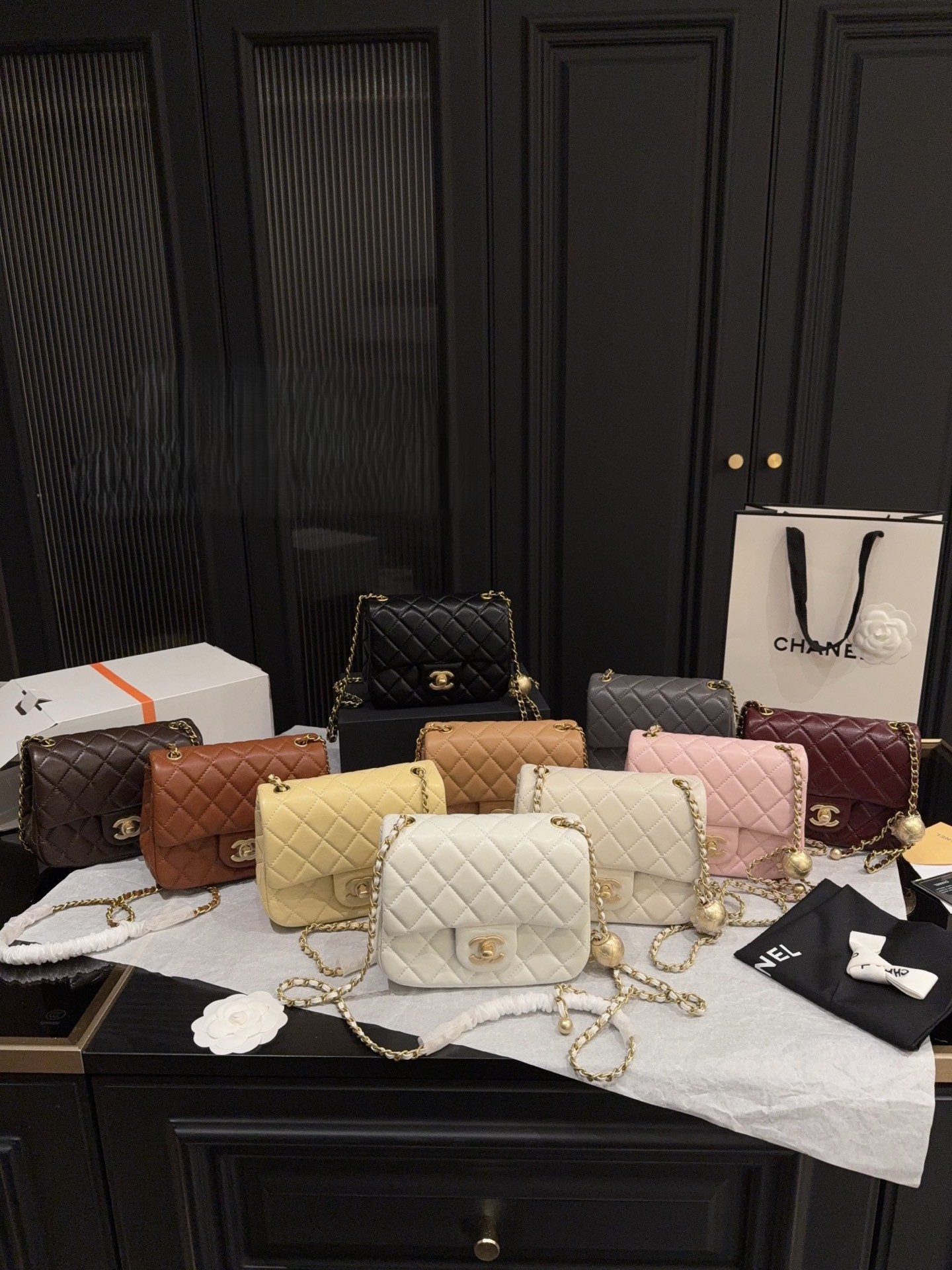 Chanel Mini Square CF 17CM Gold Ball Pearl Crush Quilted Leather Flap Chain Shoulder Bag - KAIROO