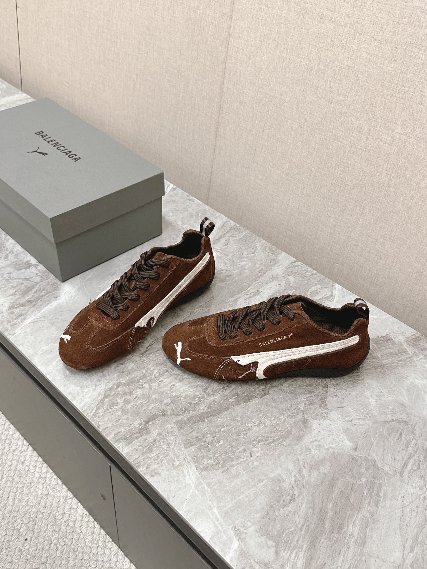 Balenciaga x Puma Brown Worn-Out Broken Logo Leather Suede Speed GAT Sneakers - KAIROO