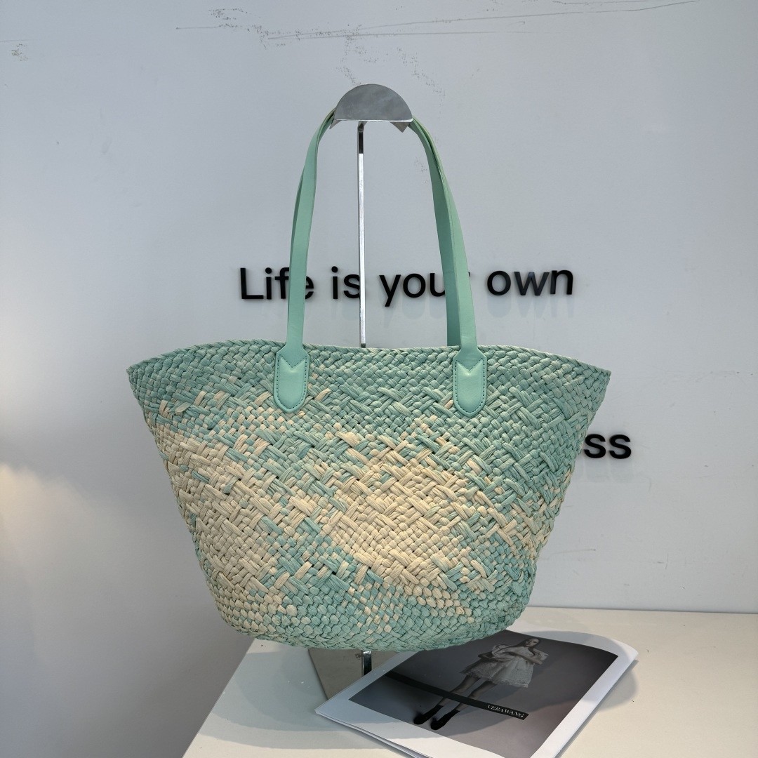 Celine Mint &  Beige Two-tone Triomphe Logo Patch Raffia Woven Long Handle Flared Basket Bag - KAIROO