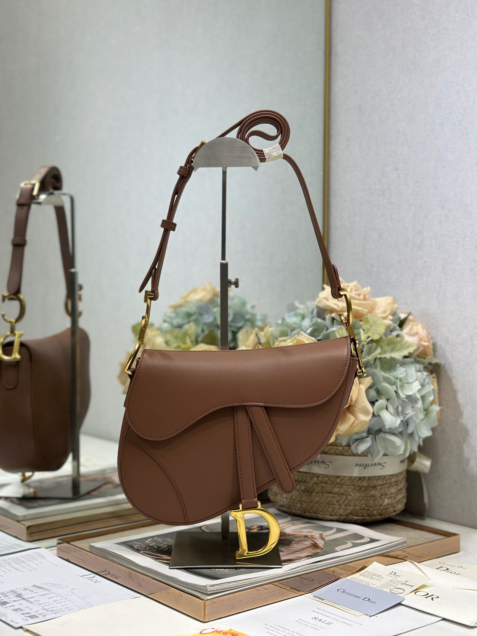 Dior Medium Soft Saddle Shoulder Bag in brown smooth leather