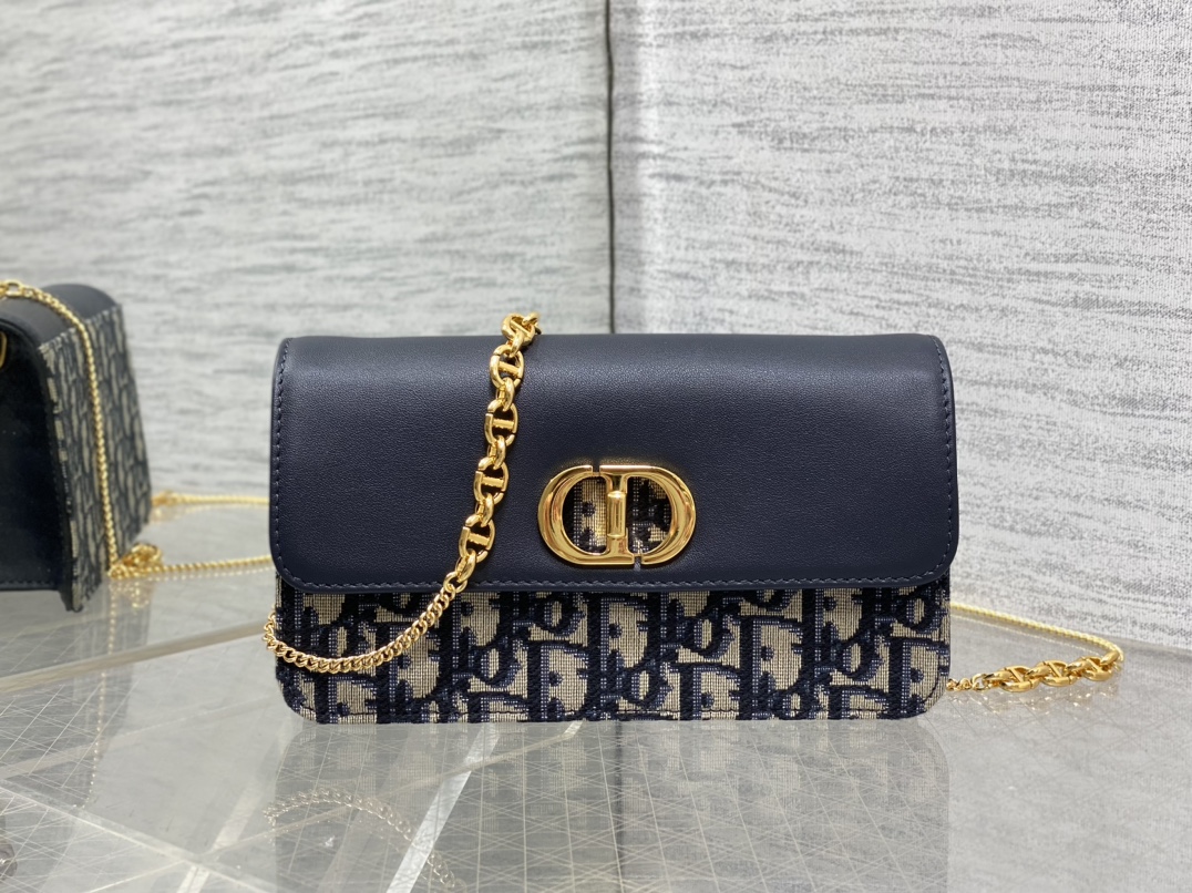 Dior Caro Chain Wallet in Blue Oblique canvas and calfskin
