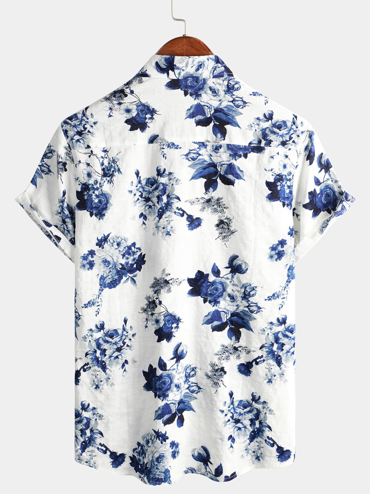 Men's Blue Floral Print Cotton Hawaiian Button-Up Short Sleeve Shirt
