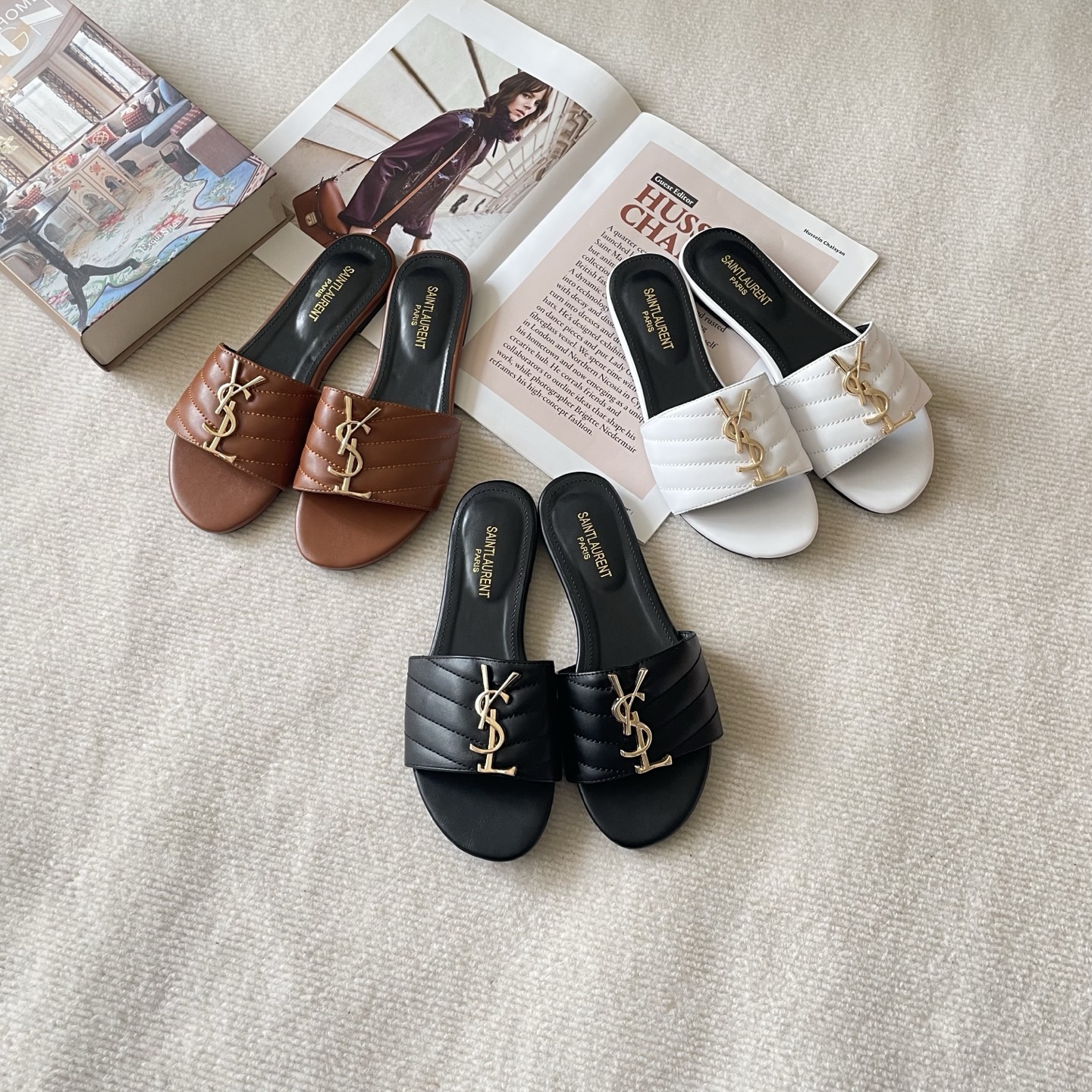 Saint Laurent Tribute YSL Logo Chevron Wide Band Quilted Leather Flat Slides Sandal - KAIROO