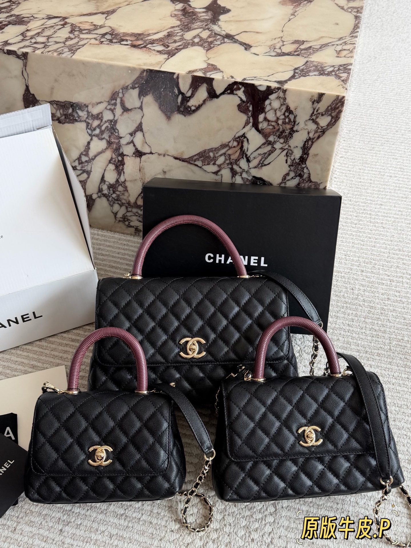 Chanel Coco Handle XS/S/M Black Quilted Grained Leather Burgundy Lizard Embossed Handle Flap Bag - KAIROO