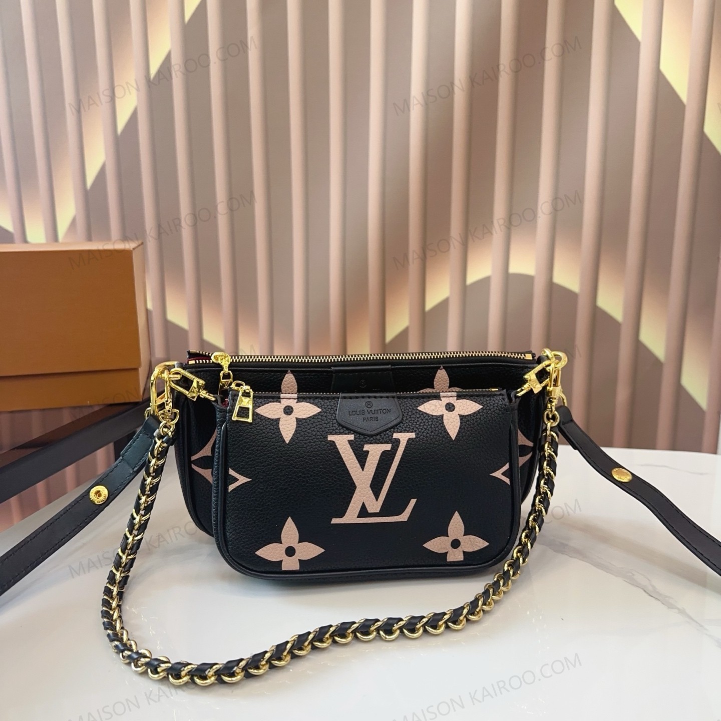 Louis Vuitton LV Multi Pochette Accessoires Black Pink Monogram Empreinte Leather Chain Hobo Shoulder Bag - KAIROO