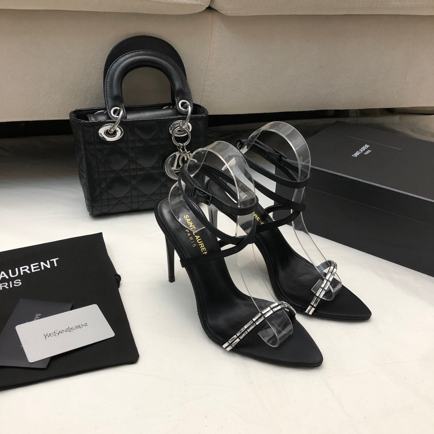 Saint Laurent YSL J'Adore Rectangular Crystal Pointed Toe Ankle Strap Crisscross Stiletto Heels Sandal - KAIROO