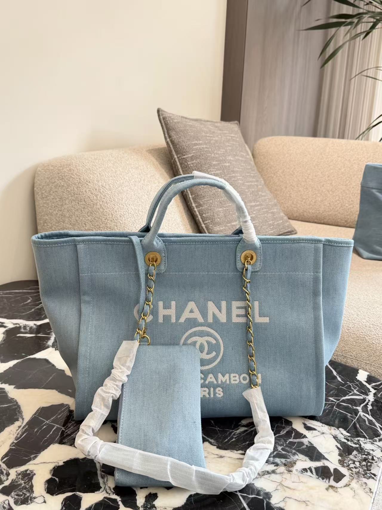 Chanel denim beach bag shopping bag