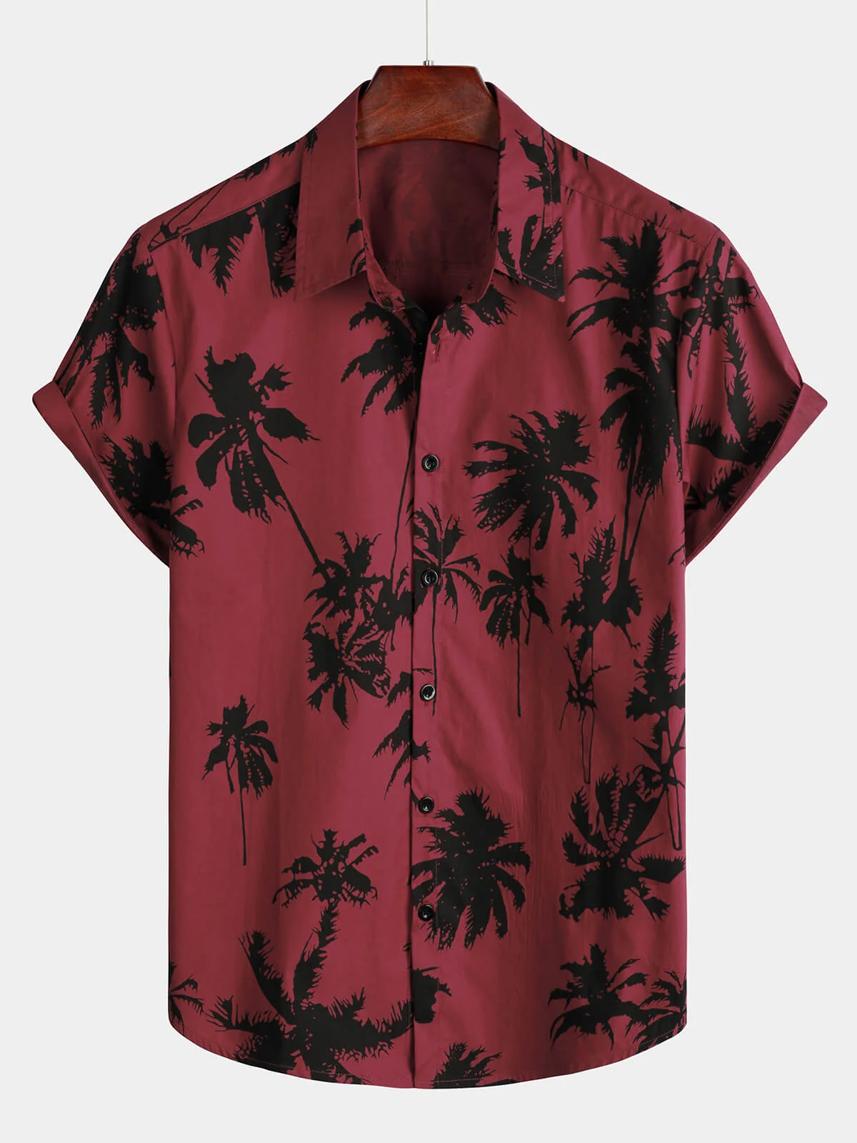 Men's Burgundy Palm Print Cotton Beach Short Sleeve Shirt
