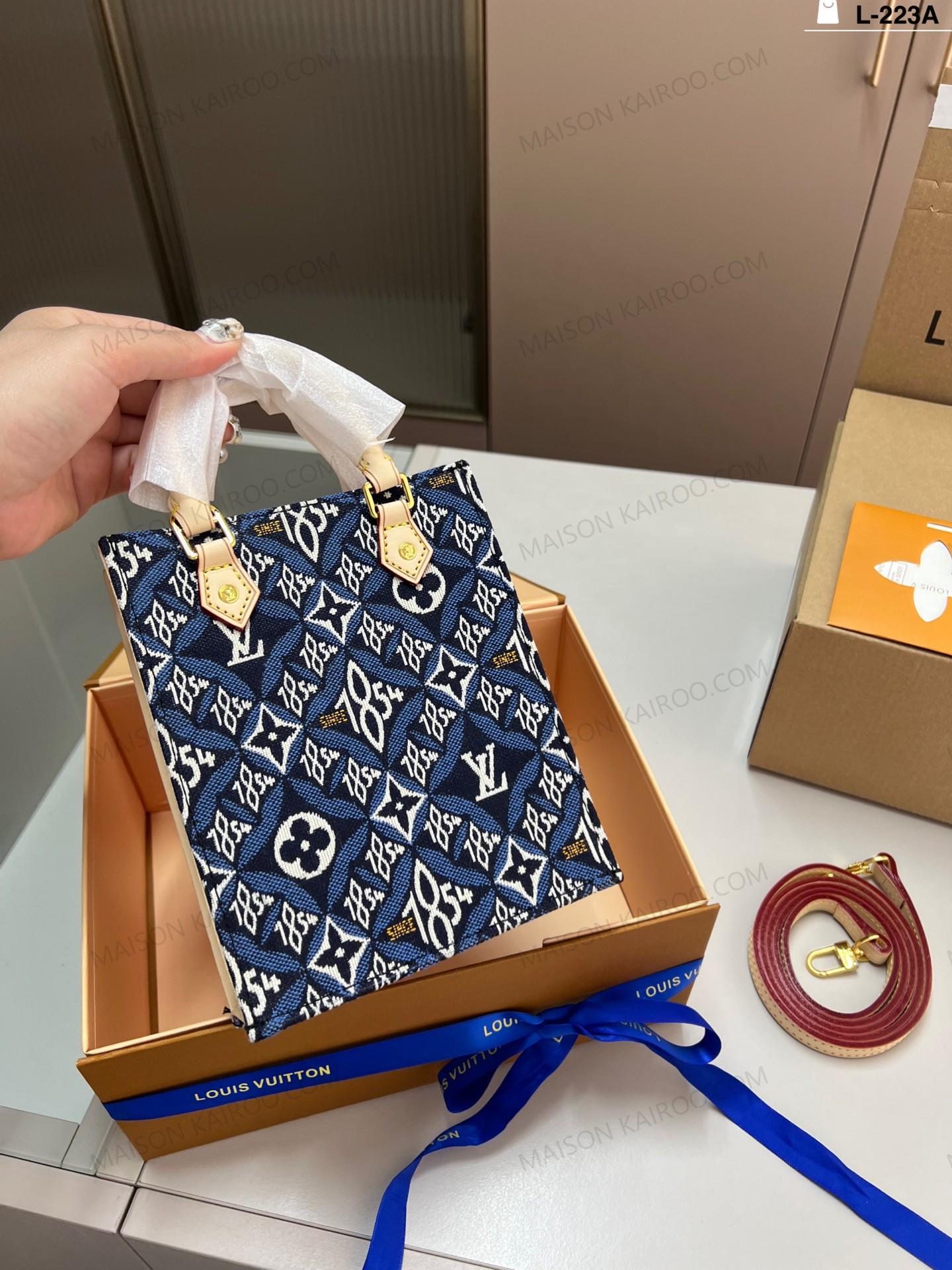 Louis Vuitton LV Petit Sac Plat Mini Since 1854 Blue Jacquard Denim Leather Vertical Crossbody Tote Bag - KAIROO
