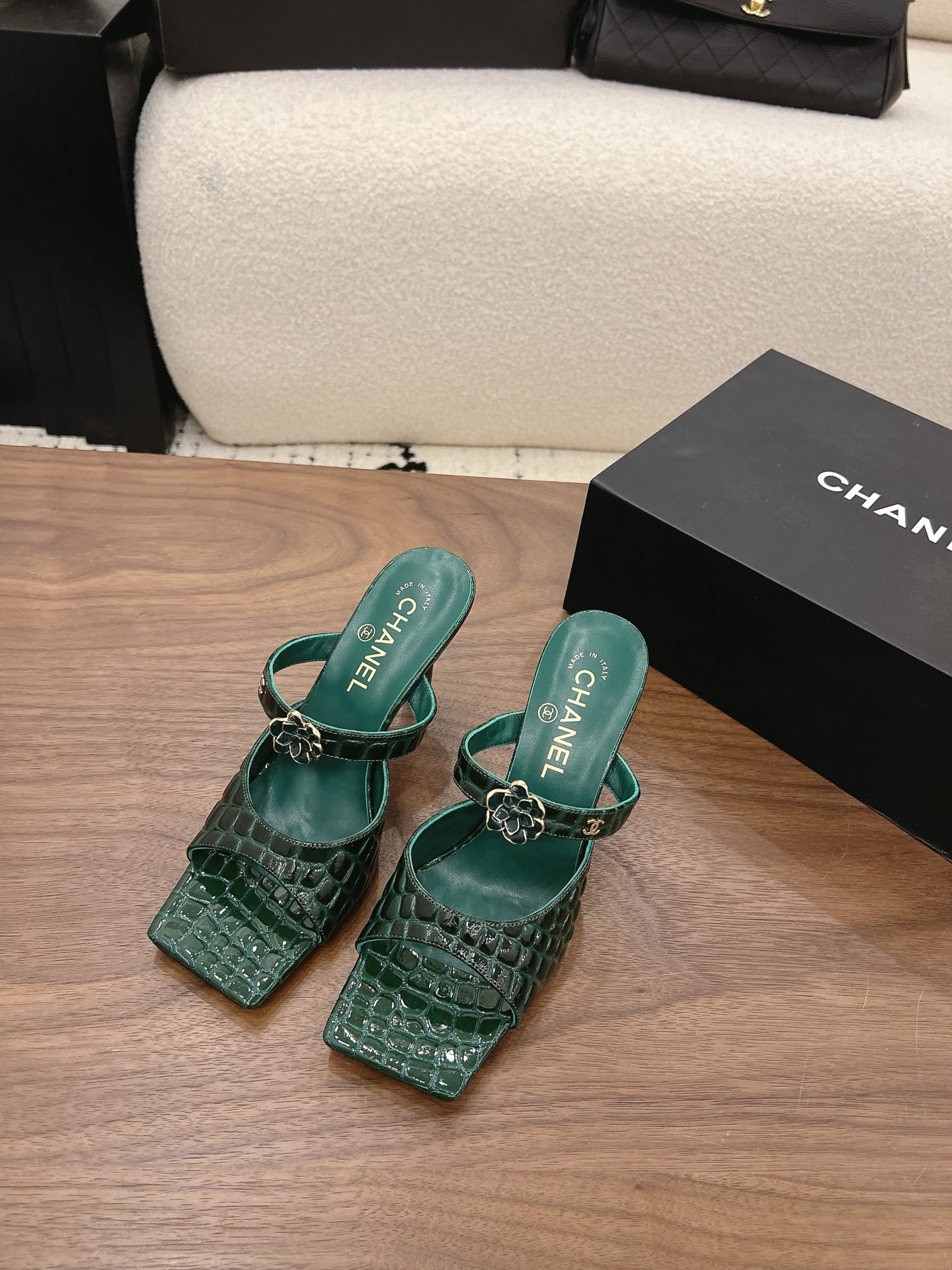 Chanel 26K Emerald Green Camellia Buckle Croc-Embossed Leather Square Toe Sandals Mules Heels - KAIROO
