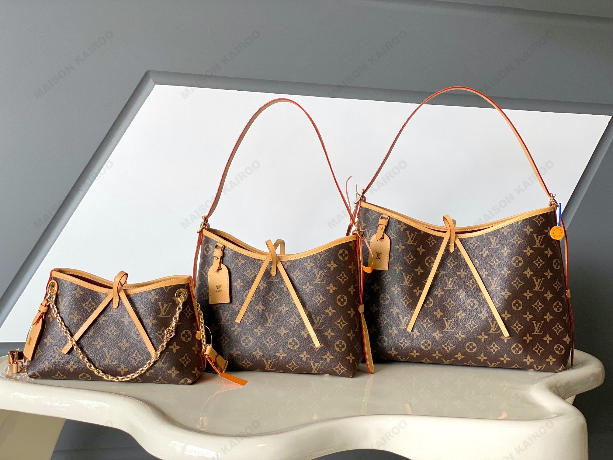 Louis Vuitton LV Carryall BB&PM&MM Monogram Brown Canvas Bow Leather Strap Hobo Shoulder Bag - KAIROO