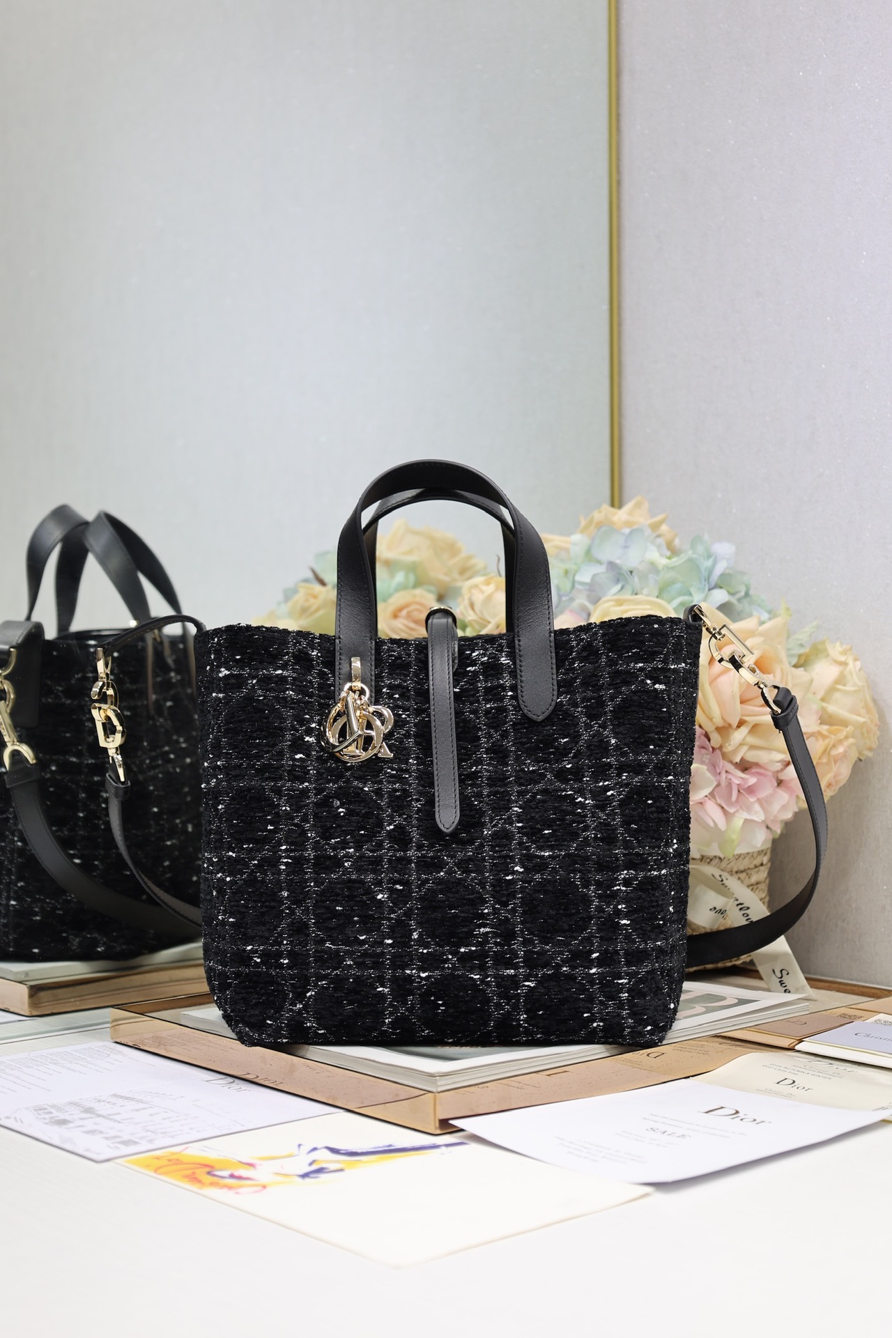 Dior Medium Vertical Toujours in Black Tweed Canvas