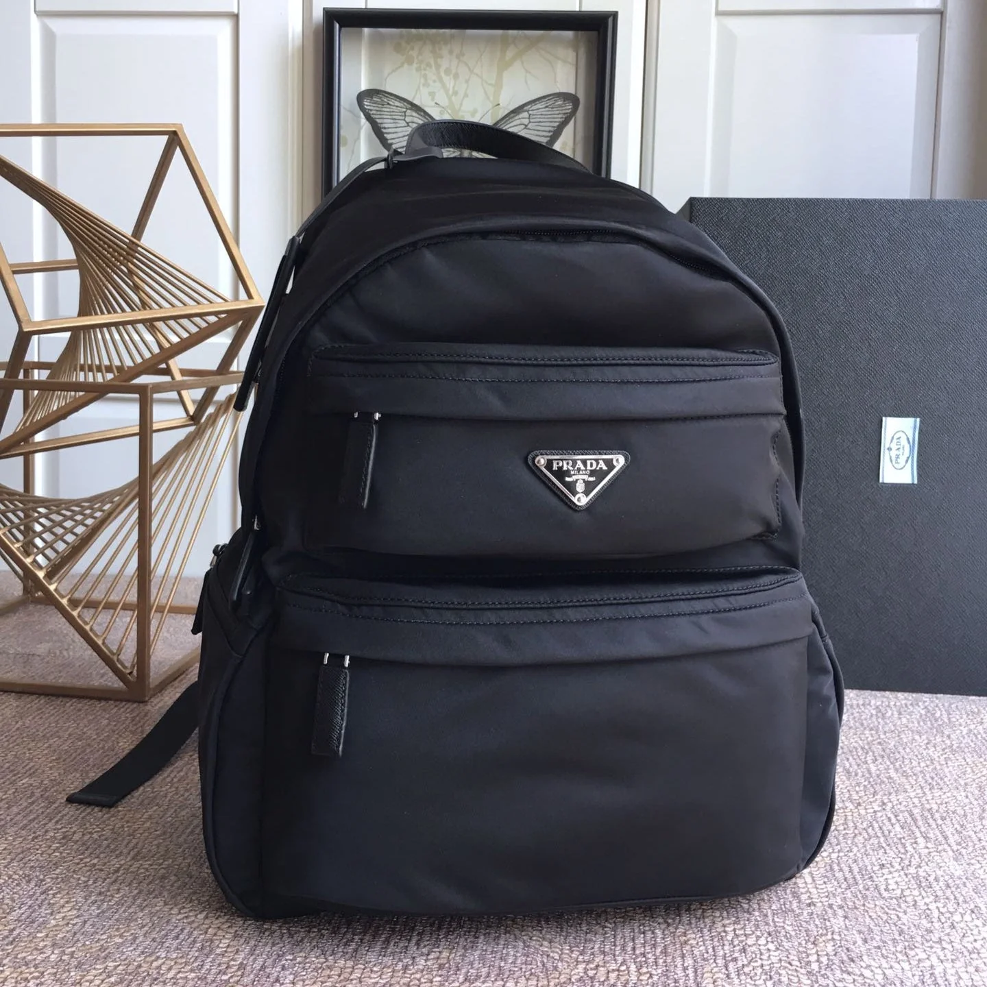Prada  TRIANGLE LOGO BACKPACK 40 IN BLACK RE-NYLON