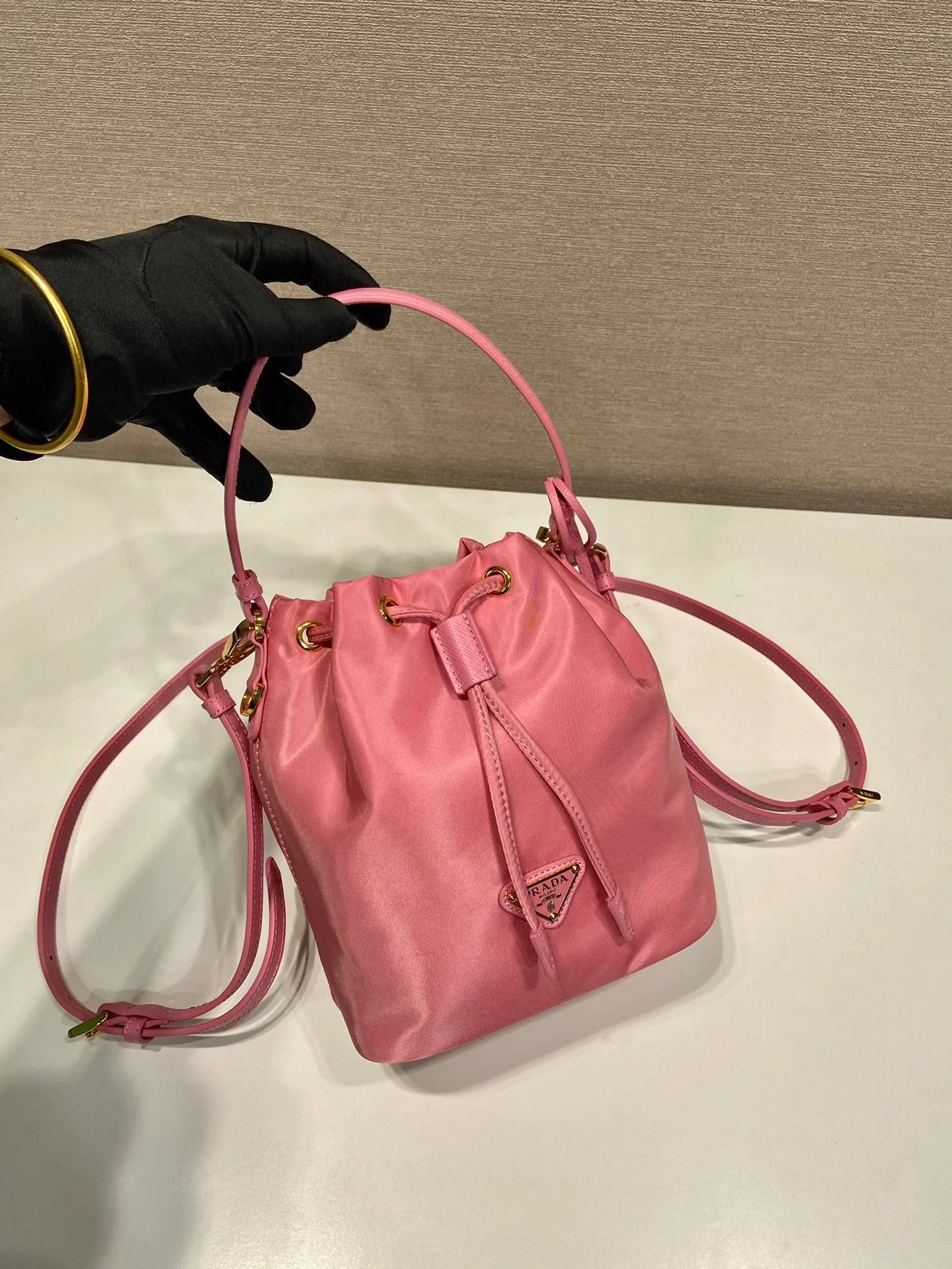Prada BUCKET BAG 19 IN CANDY PINK RE-NYLON AND SAFFIANO LEATHER HANDLE