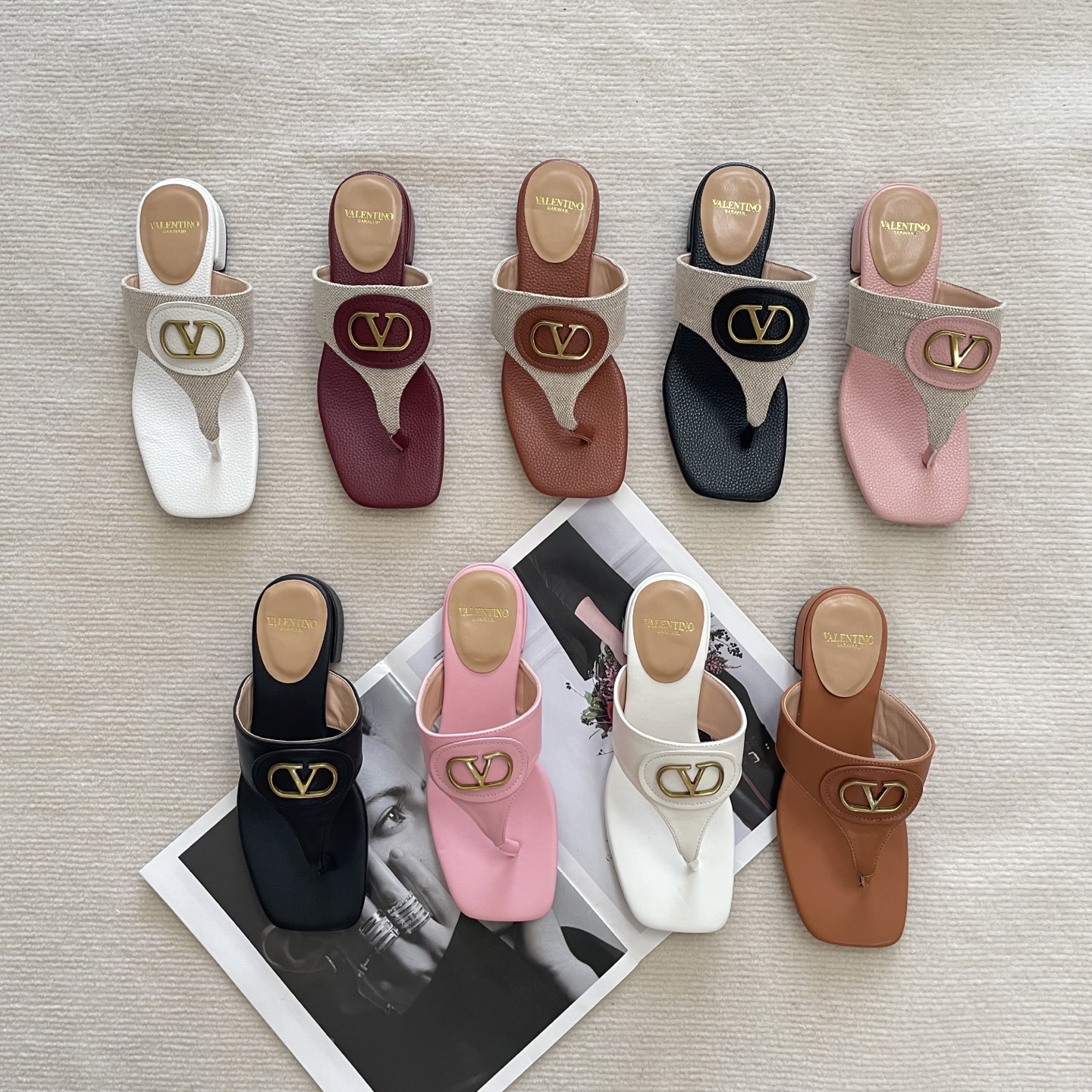 Valentino Garavani Gold VLogo Square Toe Canvas Grained Leather T-Strap Thong Sandals - KAIROO