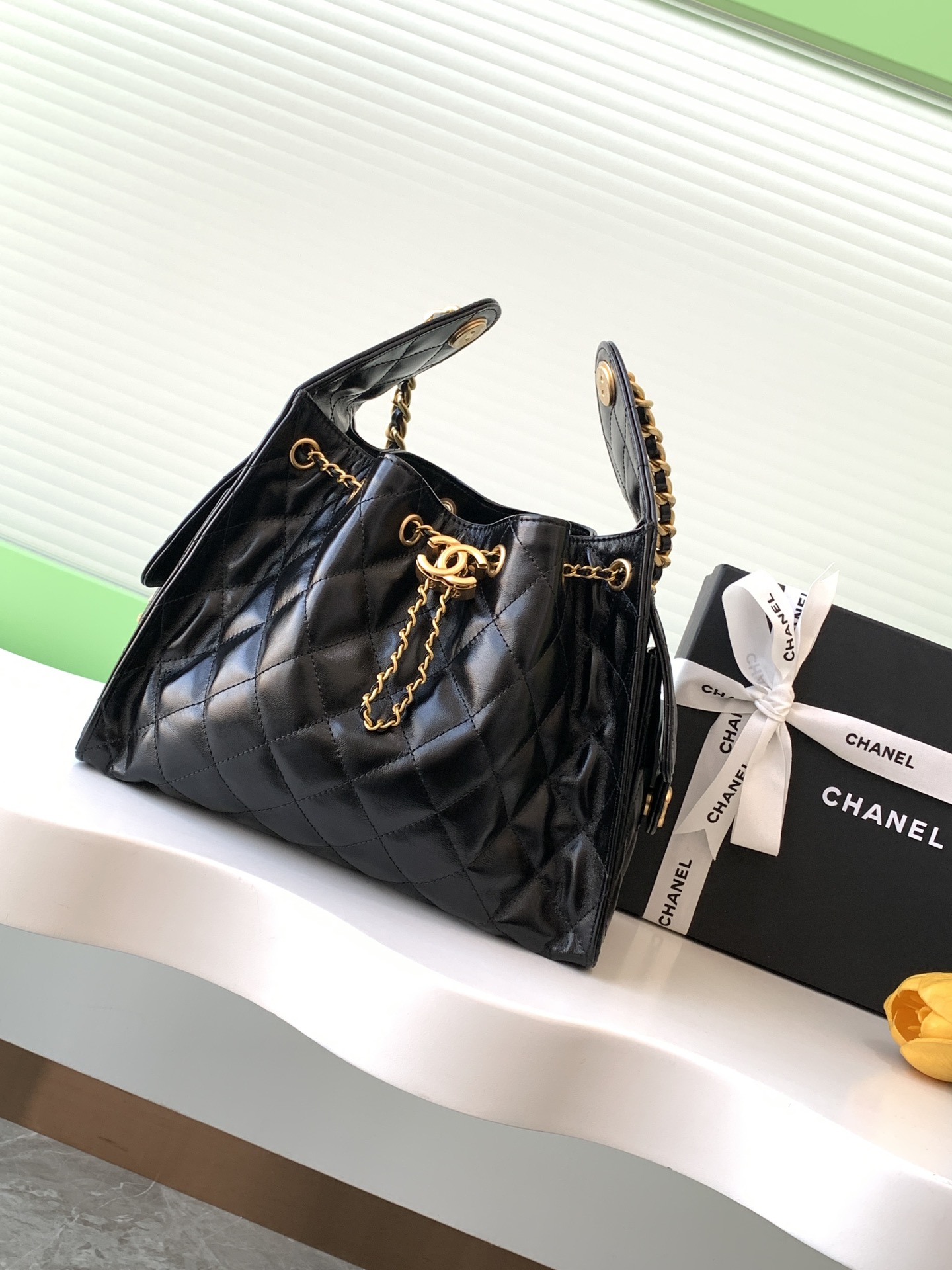 【10A】Chanel 25bag Small 30 Quilted Caviar & Shiny Leather Drawstring Lazy Bucket Hobo Tote Bag - KAIROO