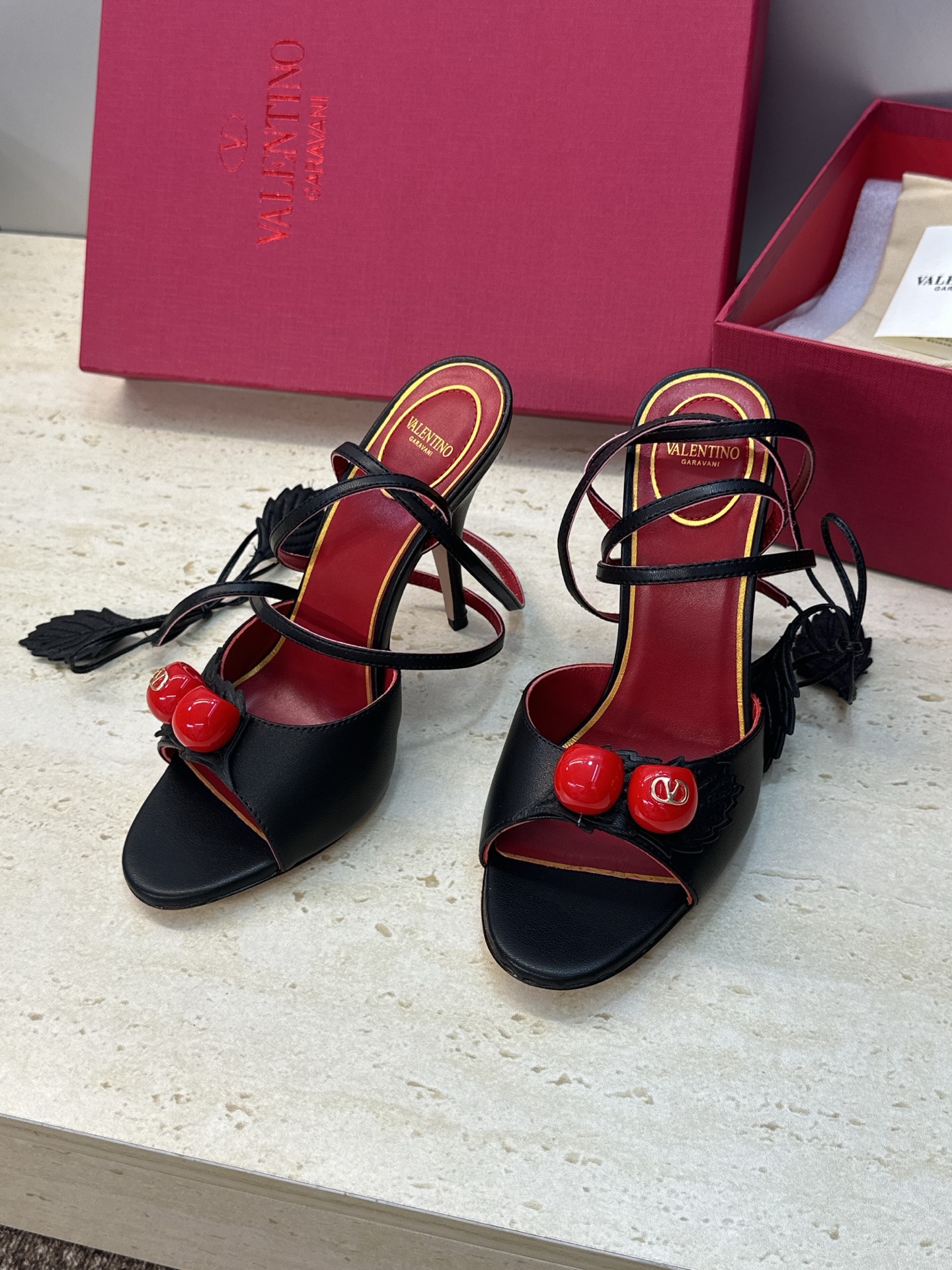 Valentino Garavani Black Cherry Leather Leaf Charm Metallic Leather Stiletto Toe Heel Sandals - KAIROO