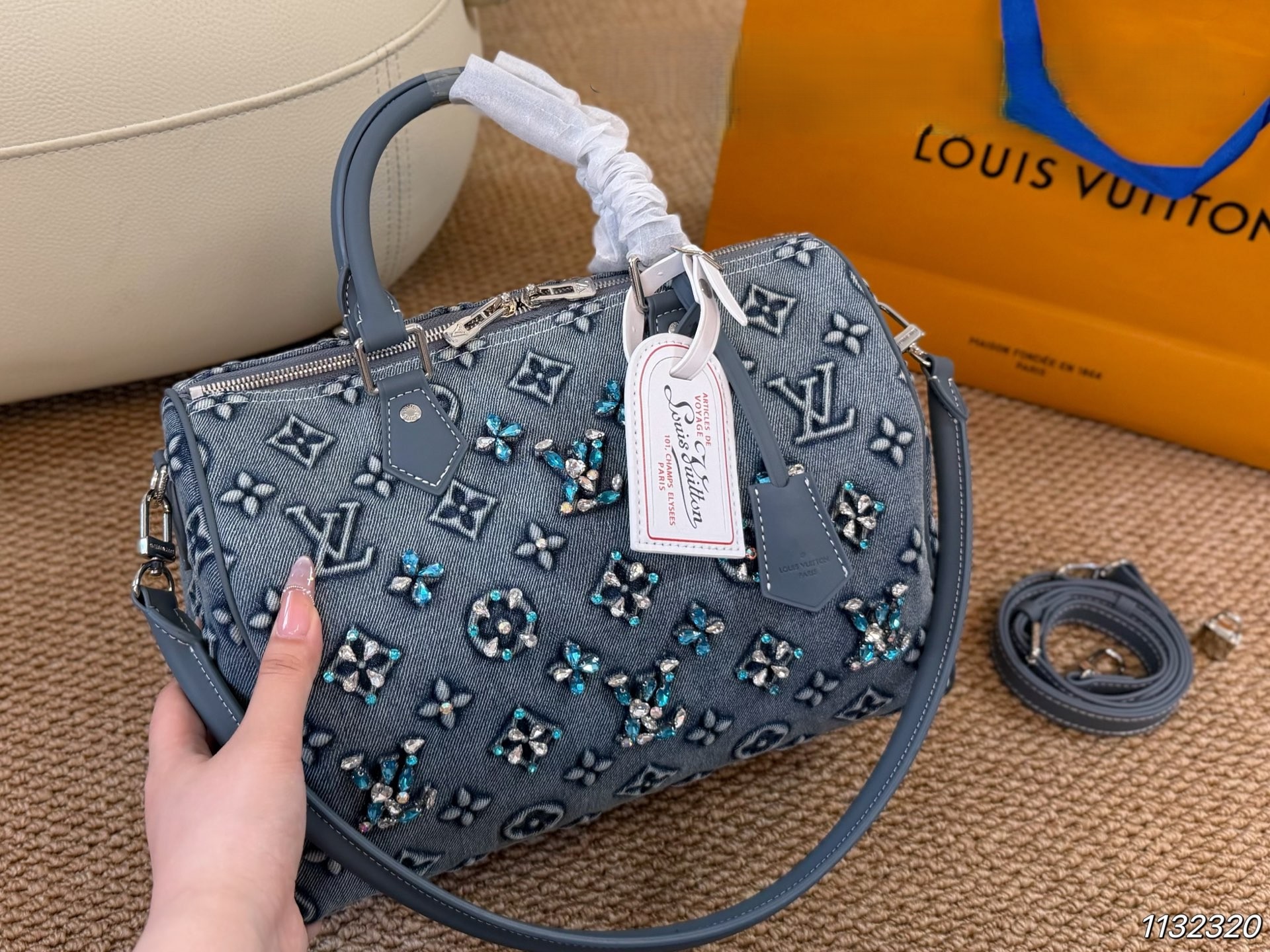 Louis Vuitton LV Speedy 20/30 Monogram Jacquard Grey Denim Crystal Inlaid Boston Top Handle Bag - KAIROO