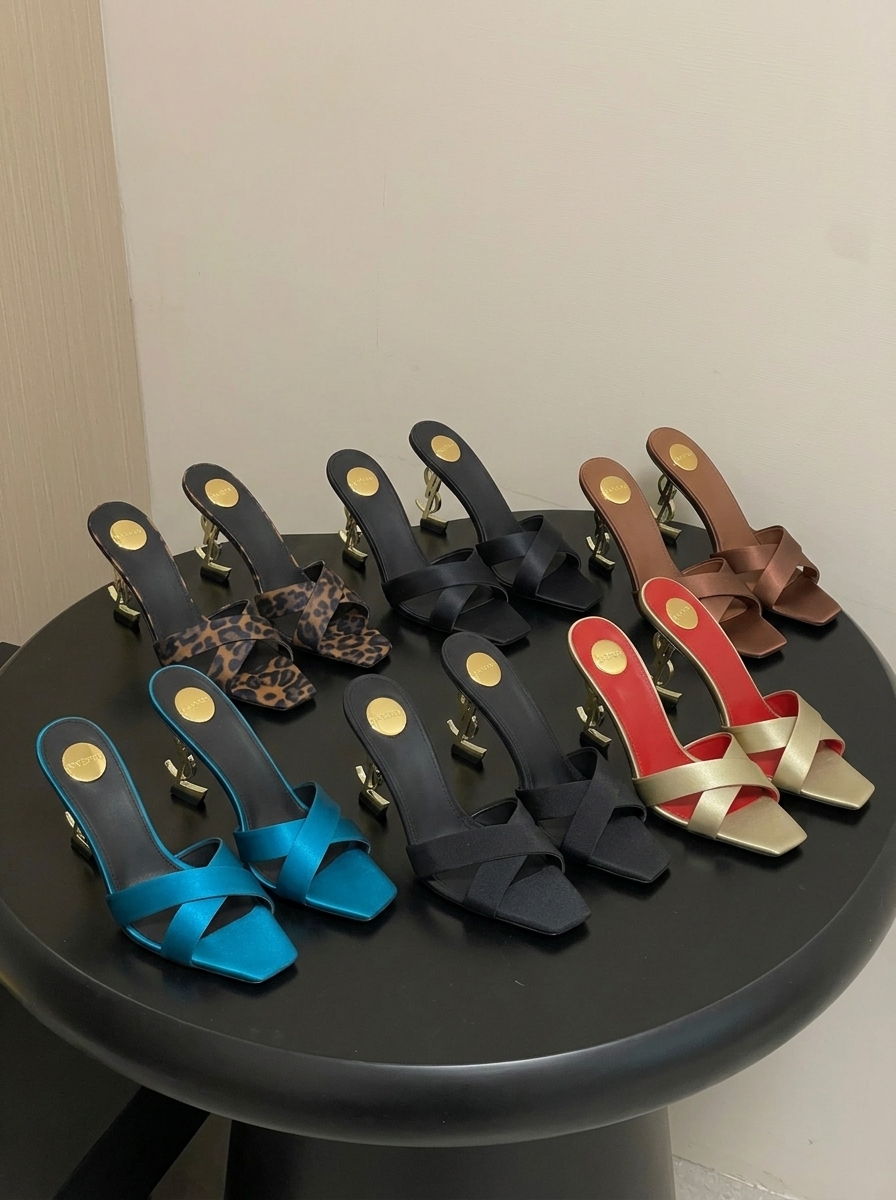 Saint Laurent Opyum 85 YSL Logo Satin & Leopard Print Square Toe Crisscross Cassandre Heel Mule Sandals - KAIROO