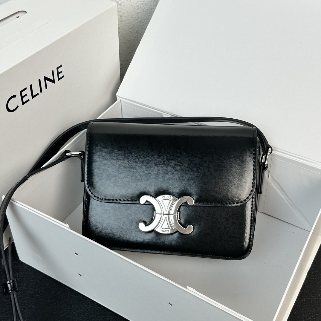 Celine Small Leather Metal Tone Triomphe Hardware Flap Box Crossbody Bag - KAIROO