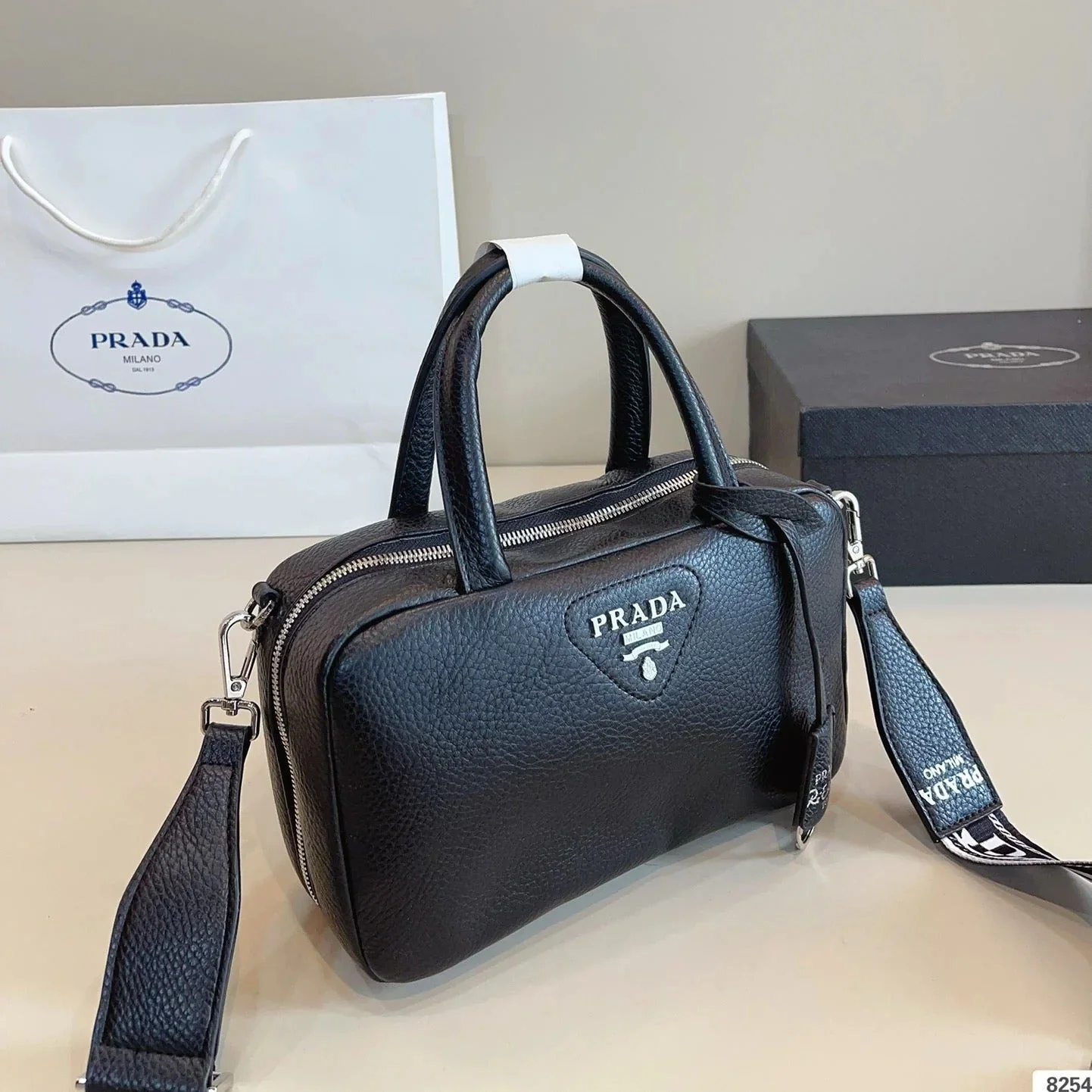Prada CLASSIC BOSTON BAG 25 IN BLACK GRAINED CALFSKIN