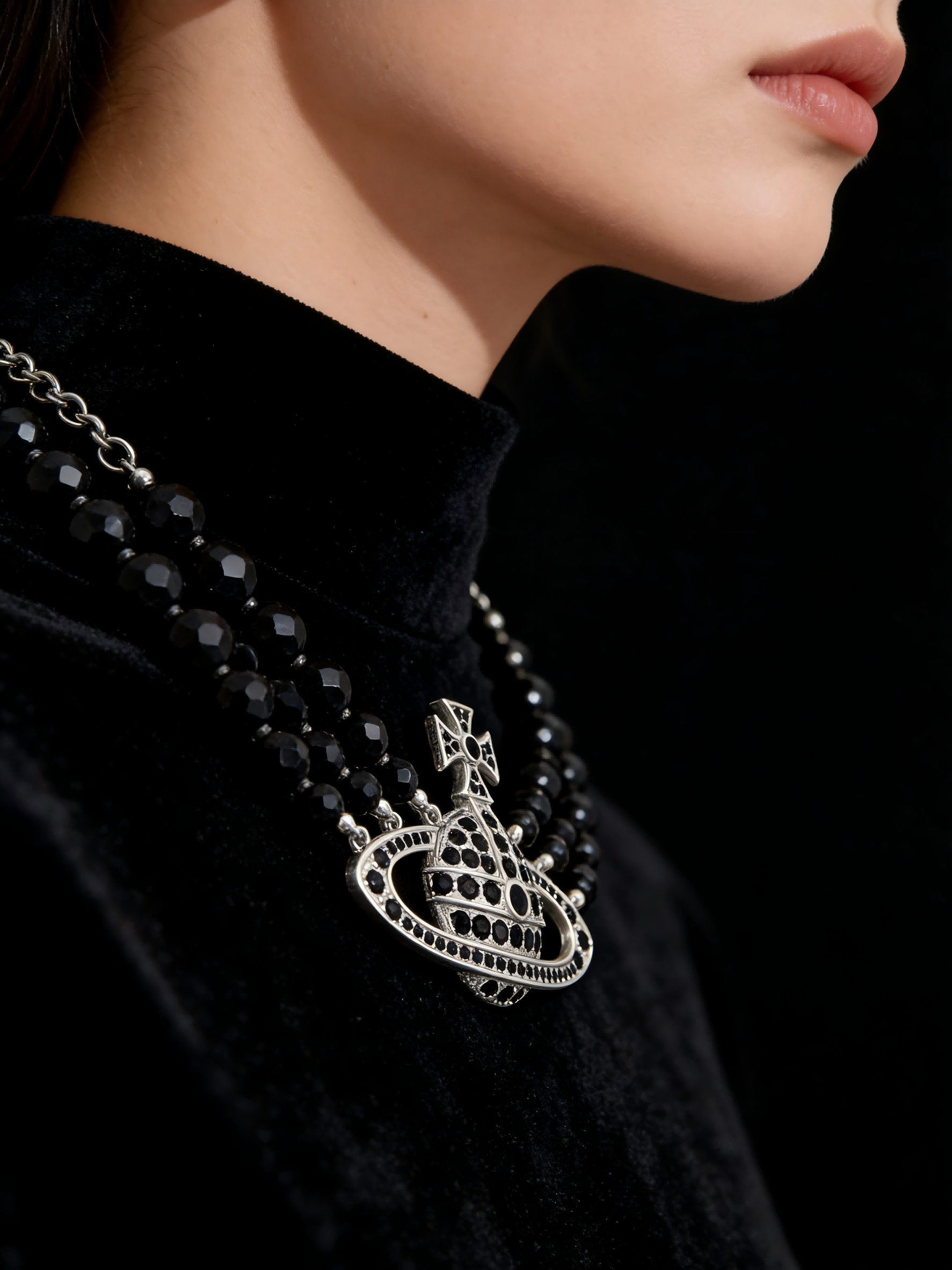 Gothic Black Beaded Saturn Pendant Necklace | Punk Style Statement Choker for Women