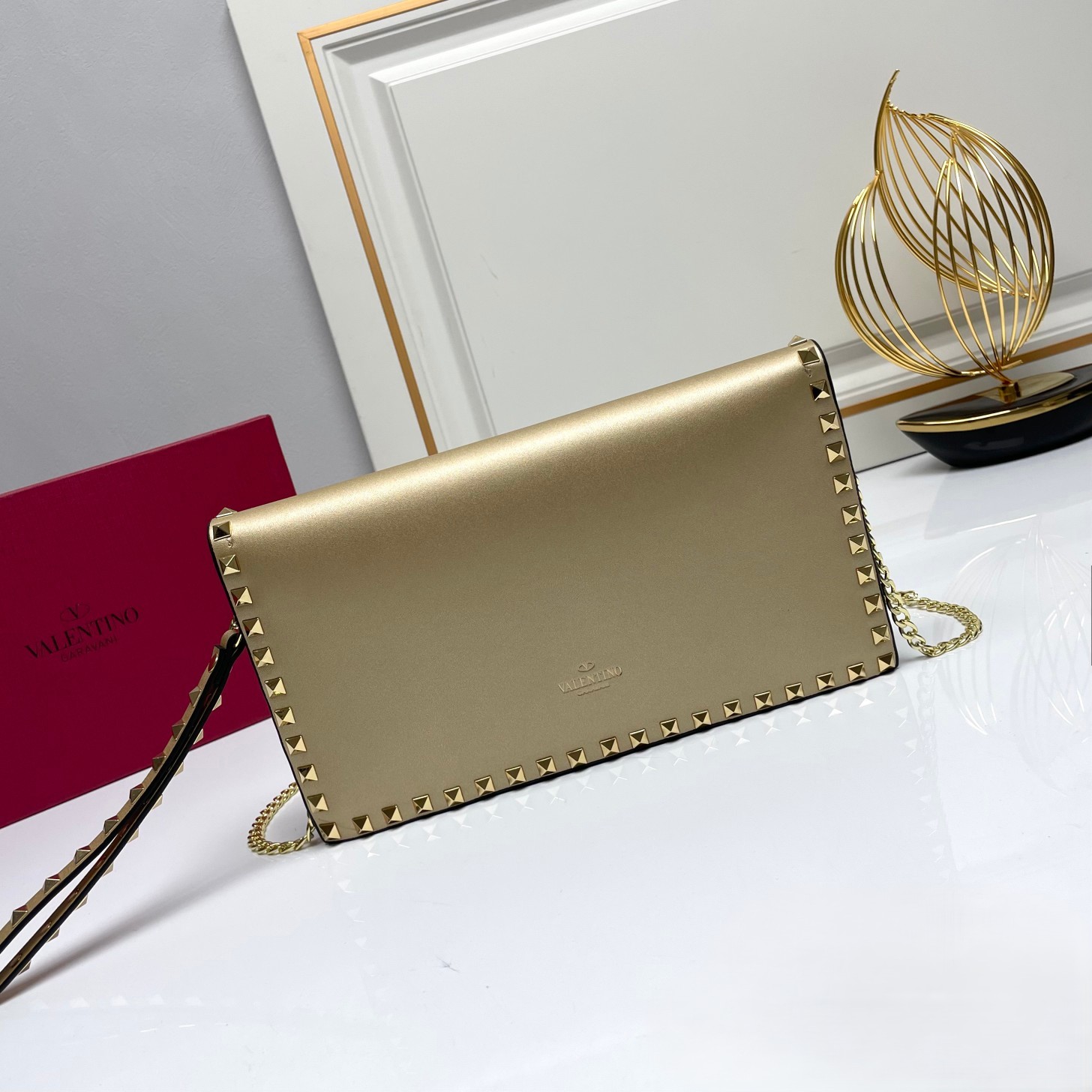 Valentino Rockstud Metallic Gold Leather Studs Flap Wristlet Strap Clutch Chain Envelope Crossbody Bag - KAIROO