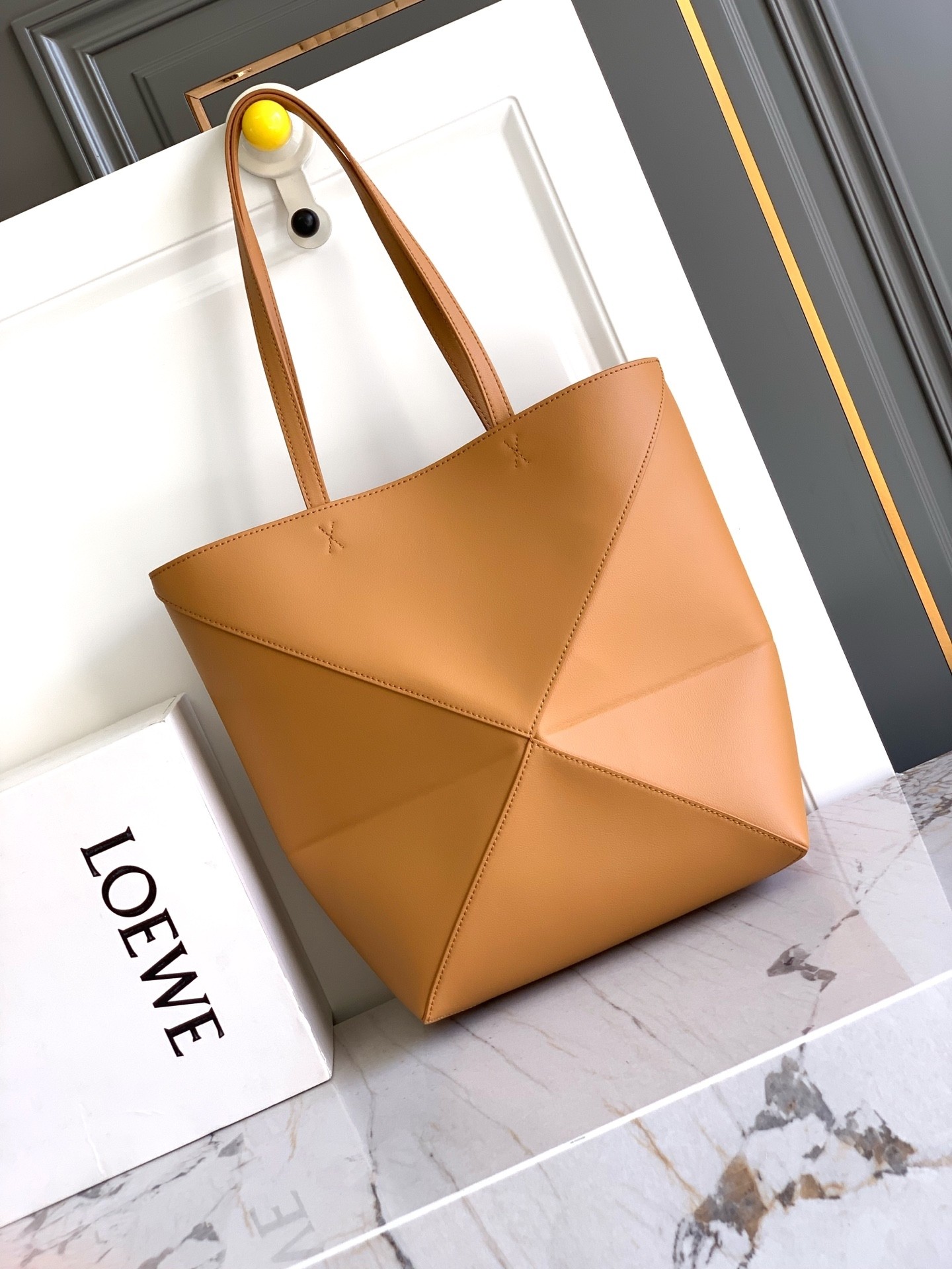 Loewe Tan Medium Puzzle Geometric Fold Leather Tote Handle Shoulder Bag - KAIROO