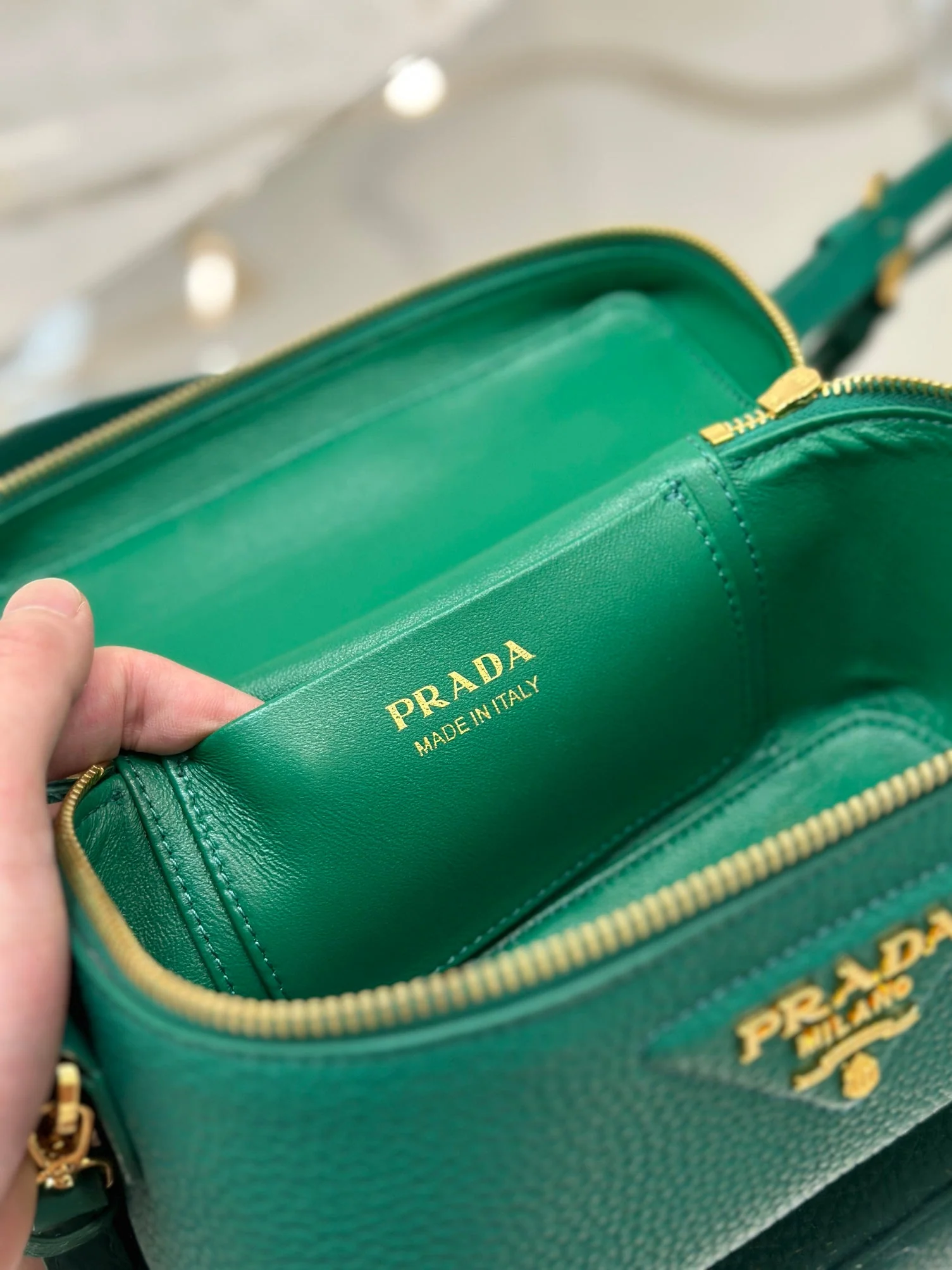 Prada VANITY CASE 18 IN EMERALD GREEN GRAINED CALFSKIN GOLD HARDWARE