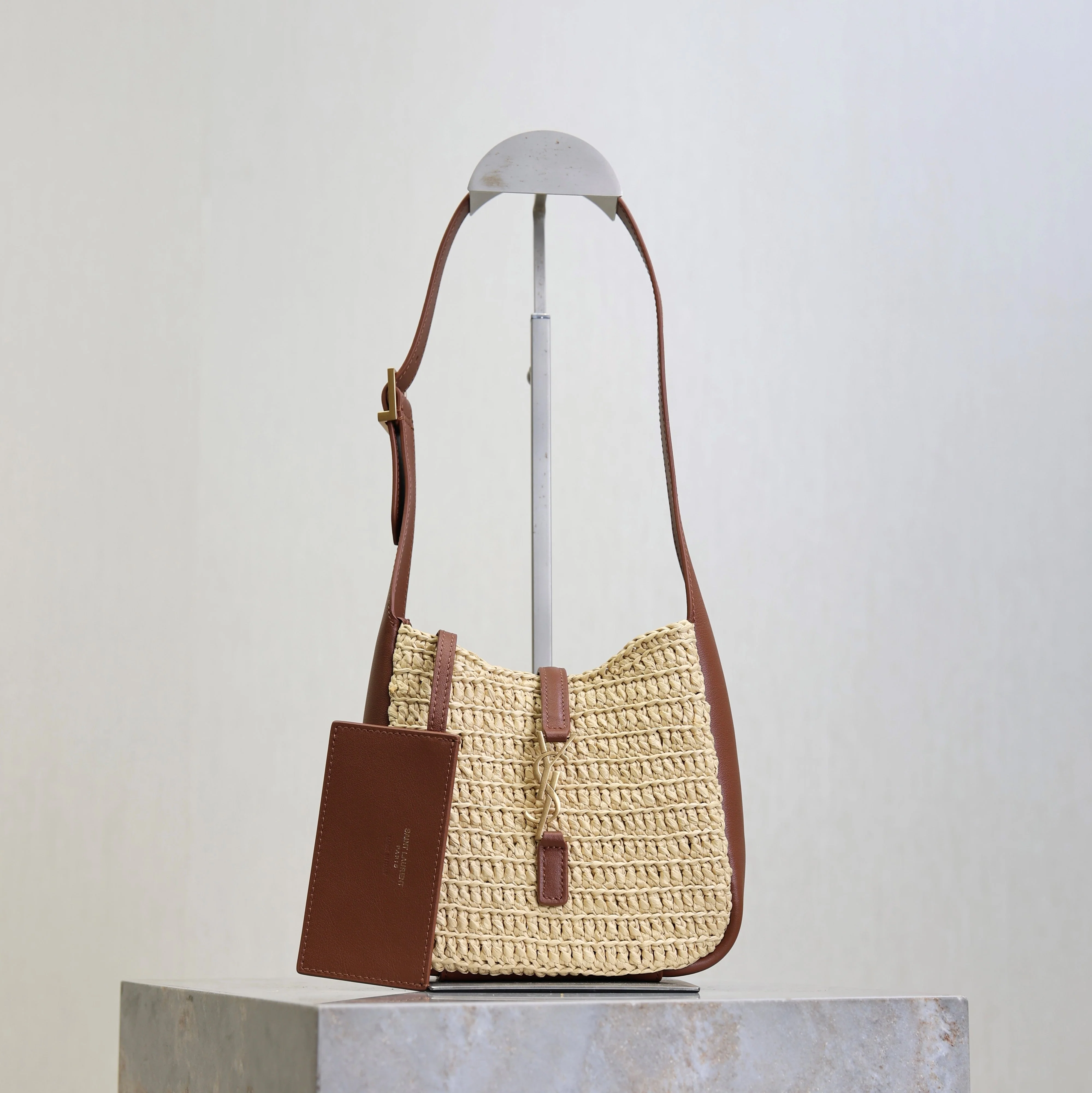 Saint Laurent YSL LE 5A7 Mini 15cm Brown Beige Raffia Leather GHW