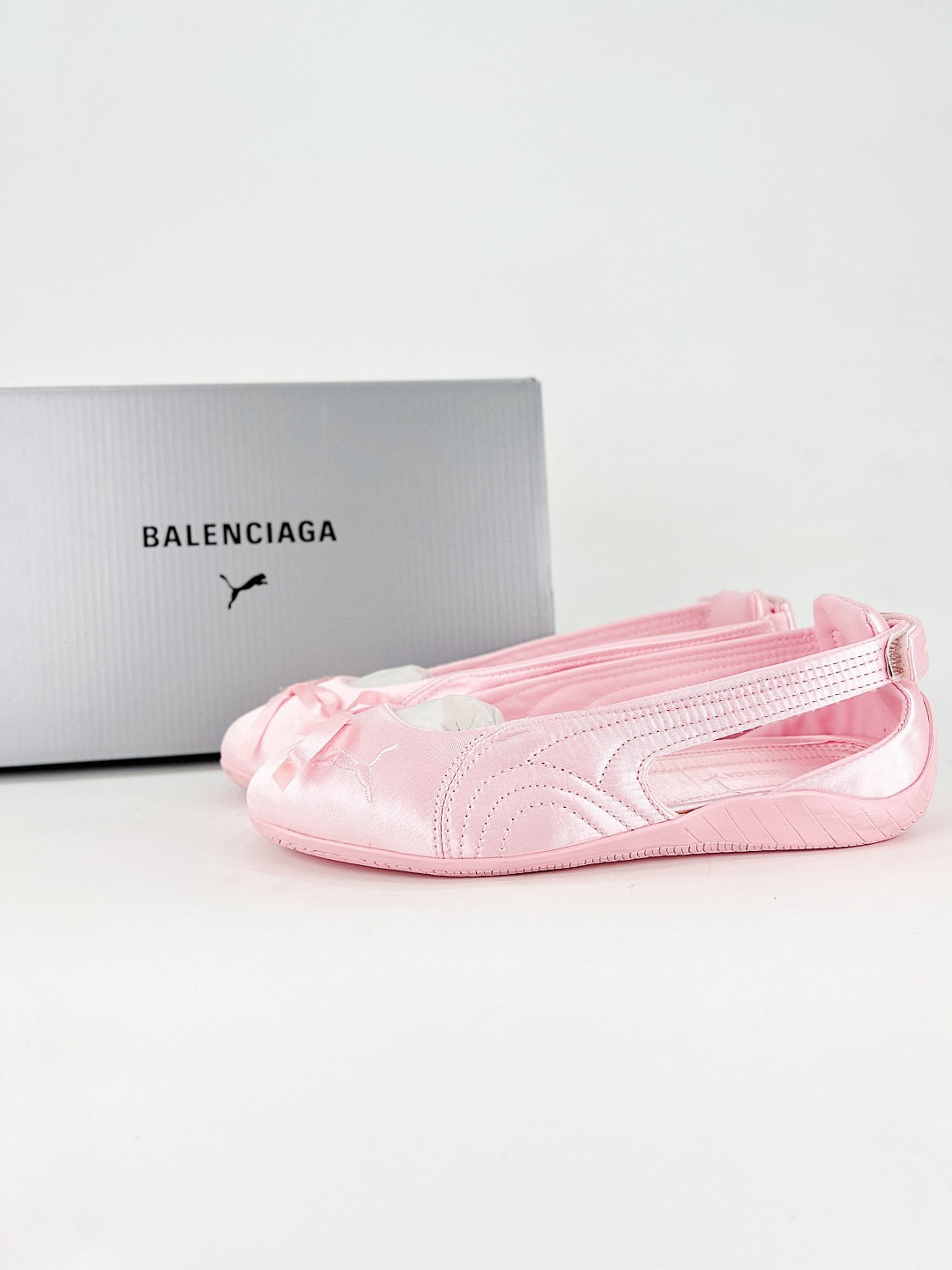 Balenciaga x Puma Pink Speedcat Round Toe Distressed Satin Bow Elasticated Hook Ballet Flats - KAIROO