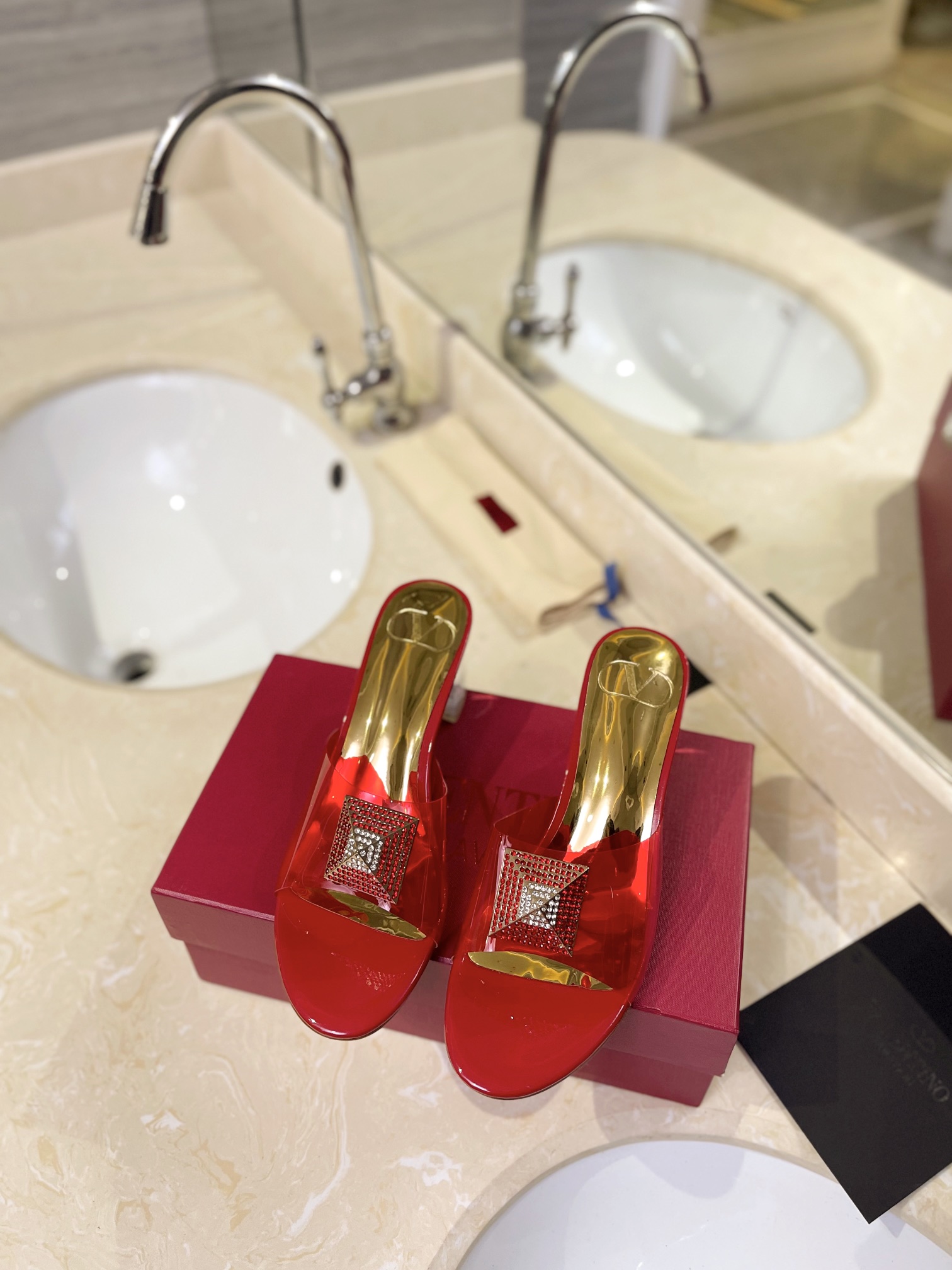 Valentino Rockstud Spike Red Leather Insole Square Crystal Stud Clear PVC Strap Block Slip-on Mules Heels - KAIROO