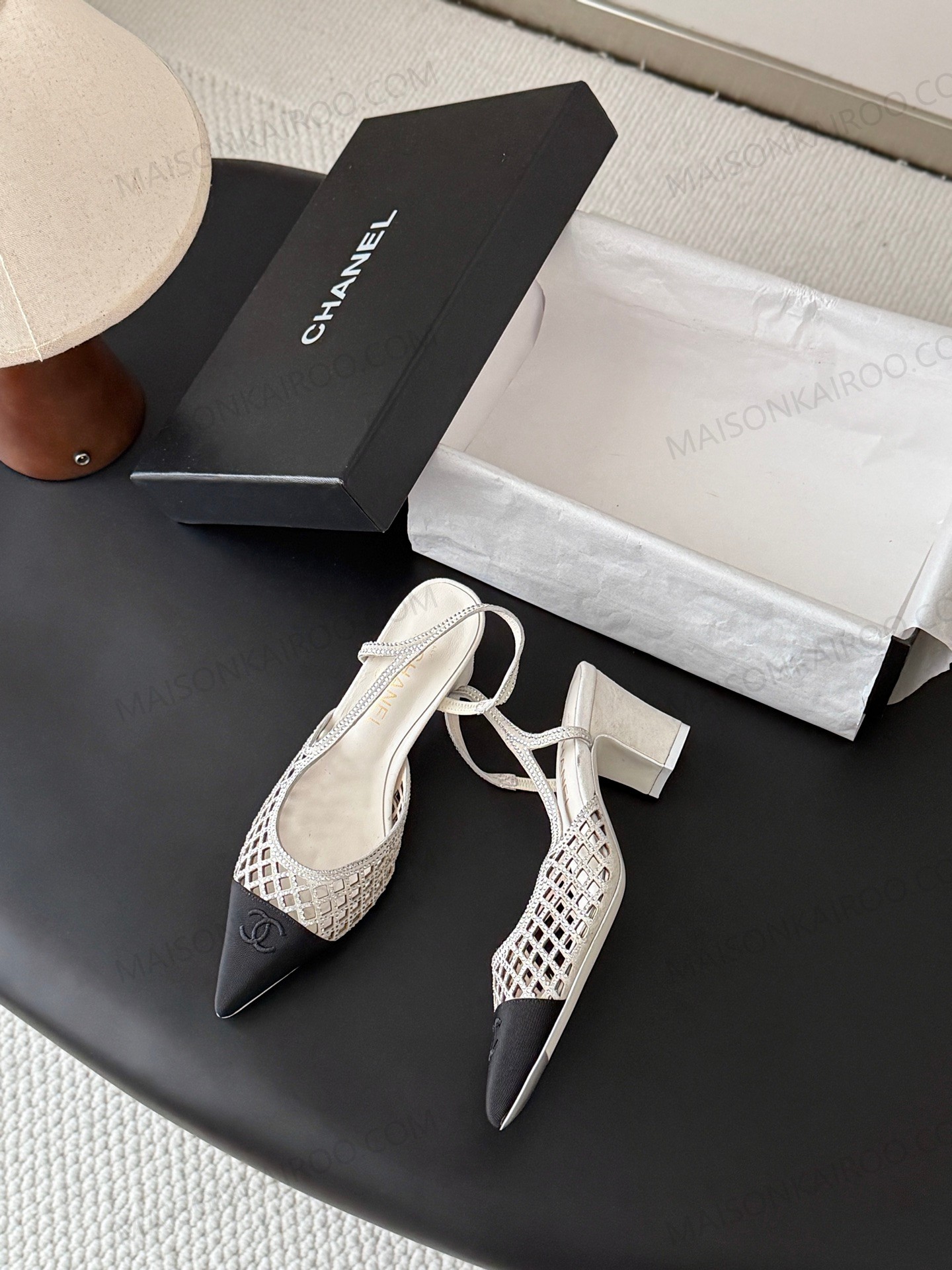 Chanel Mesh Patchwork Pointed Toe Slingback Block Heel Sandals - KAIROO