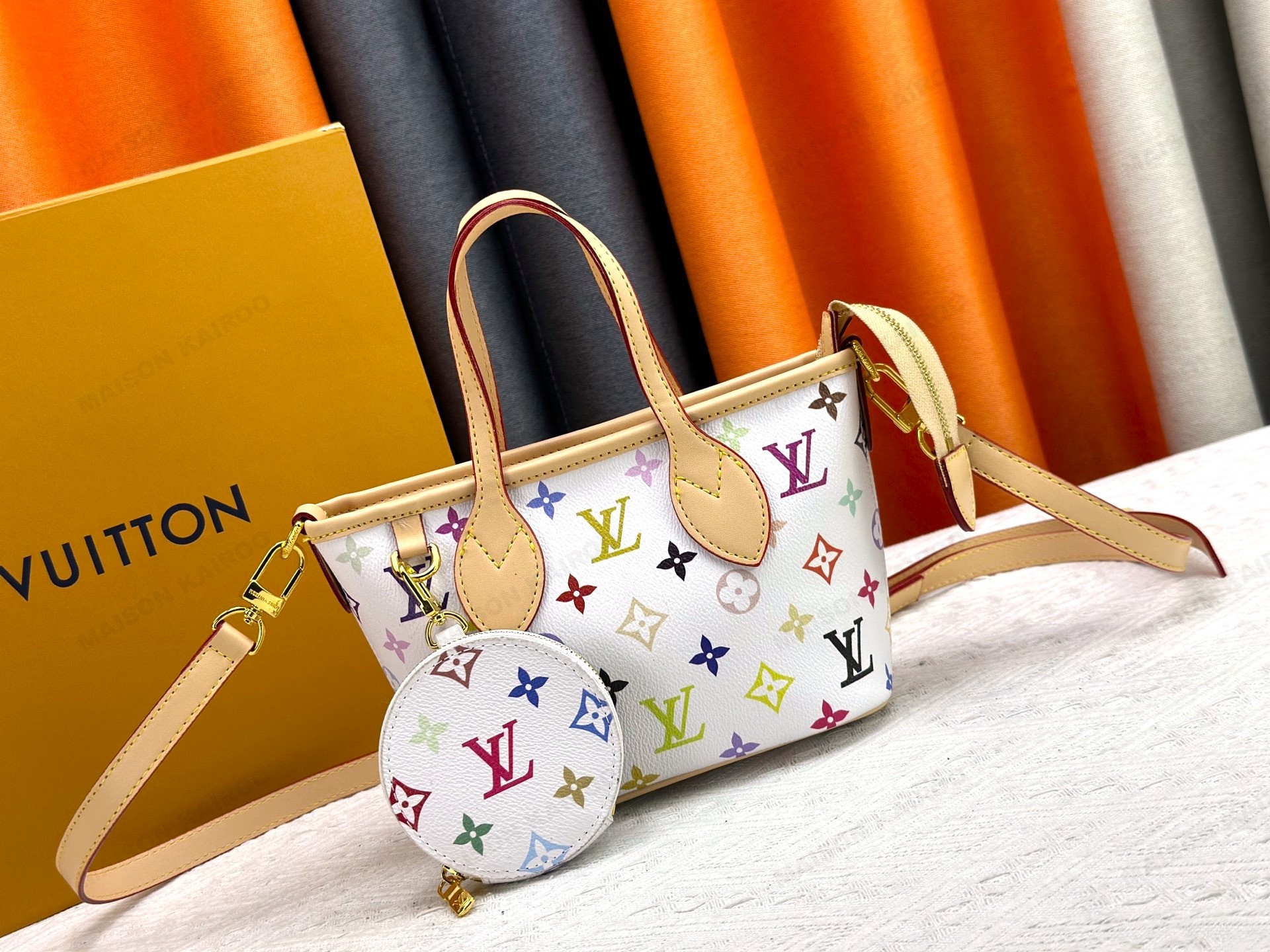 Louis Vuitton LV x TM Neverfull BB White Multicolore Monogram Canvas Shoulder Tote Bag With Round Purse - KAIROO