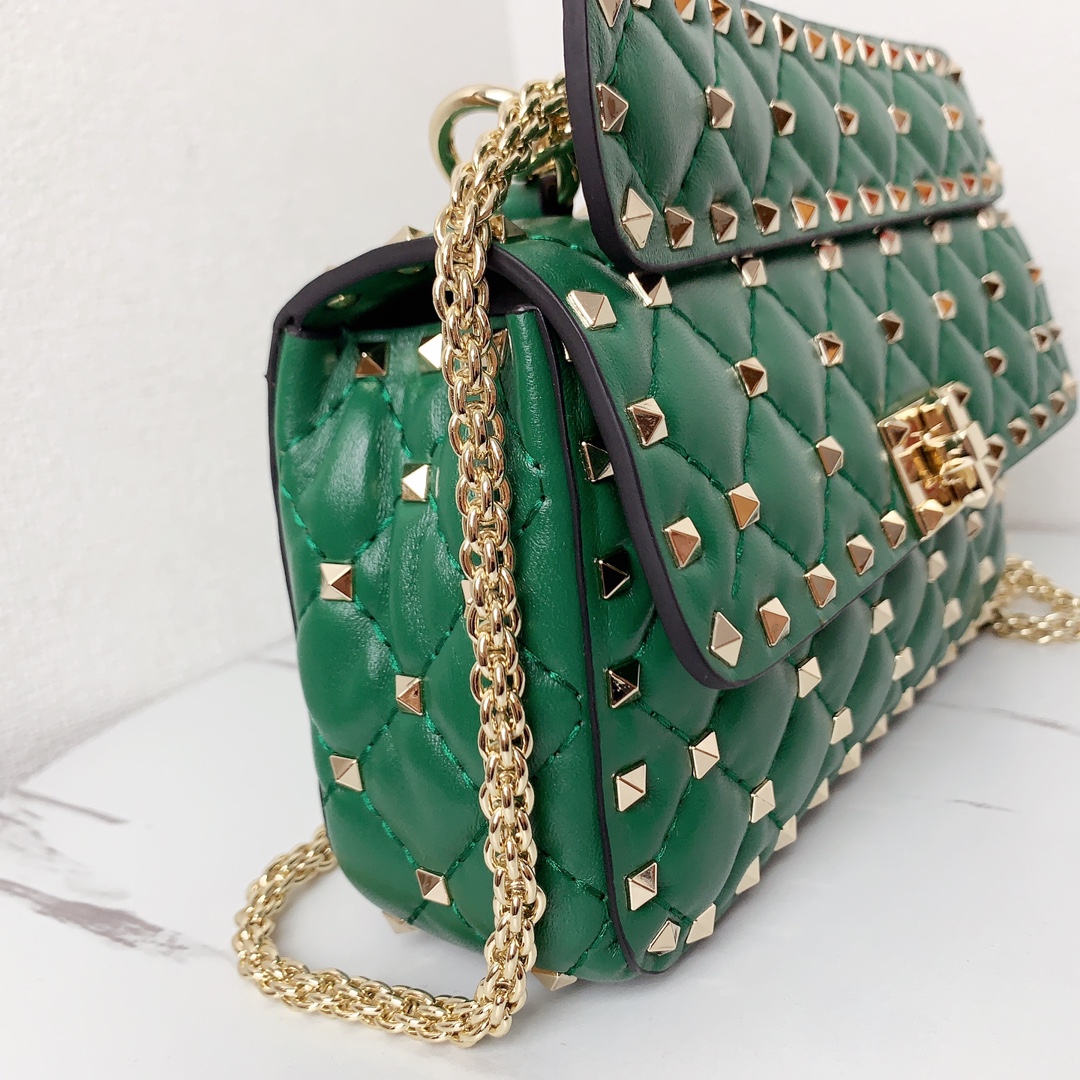Valentino Classic Spike Medium Shoulder Bag in Lambskin-Green