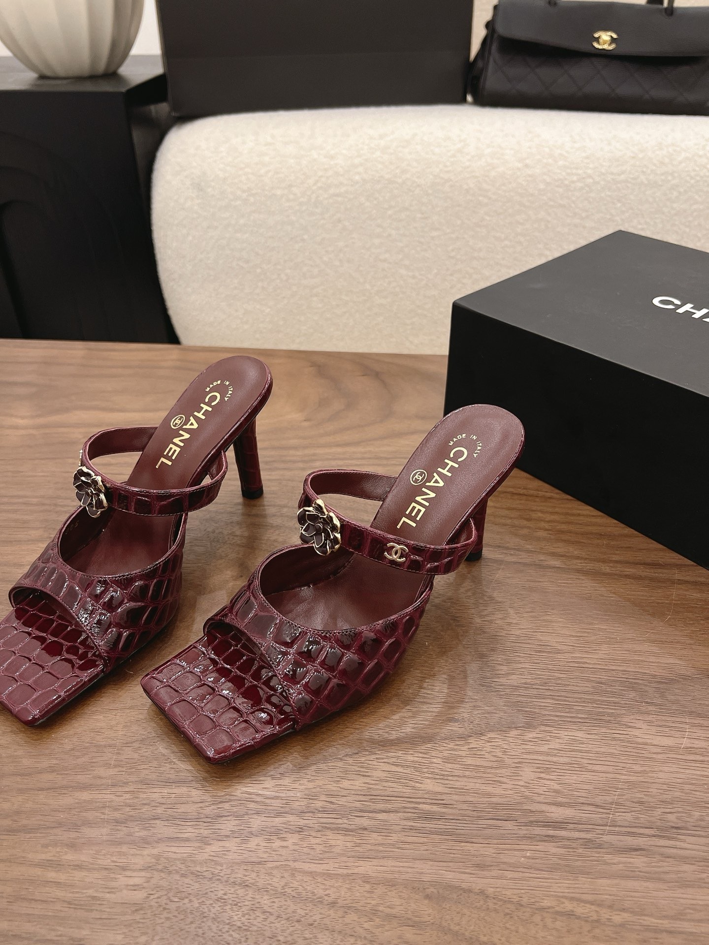Chanel 26K Burgundy Camellia Buckle Croc-Embossed Leather Square Toe Sandals Mules Heels - KAIROO