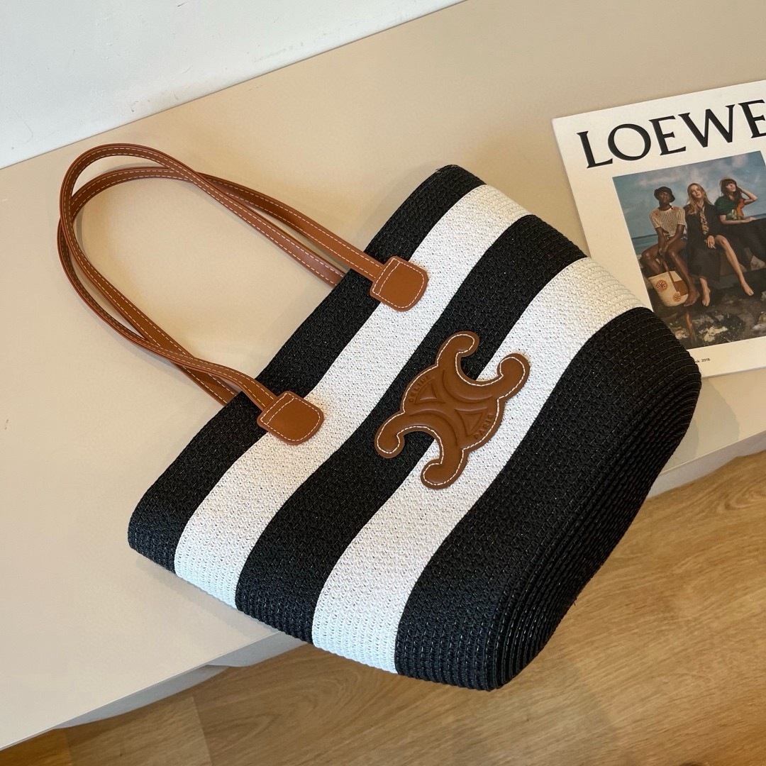 Celine Horizontal Black And White Striped Triomphe Patch Woven Raffia Basket Tote Bag - KAIROO