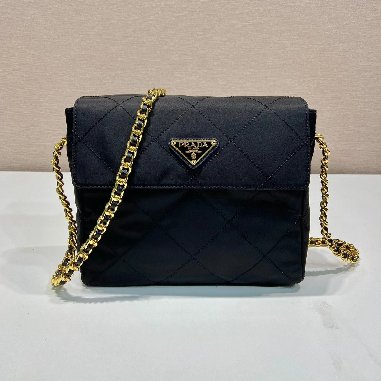 Prada LARGE QUILTED FLAP BAG 23 IN BLACK RE-NYLON FABRIC GOLD CHAIN