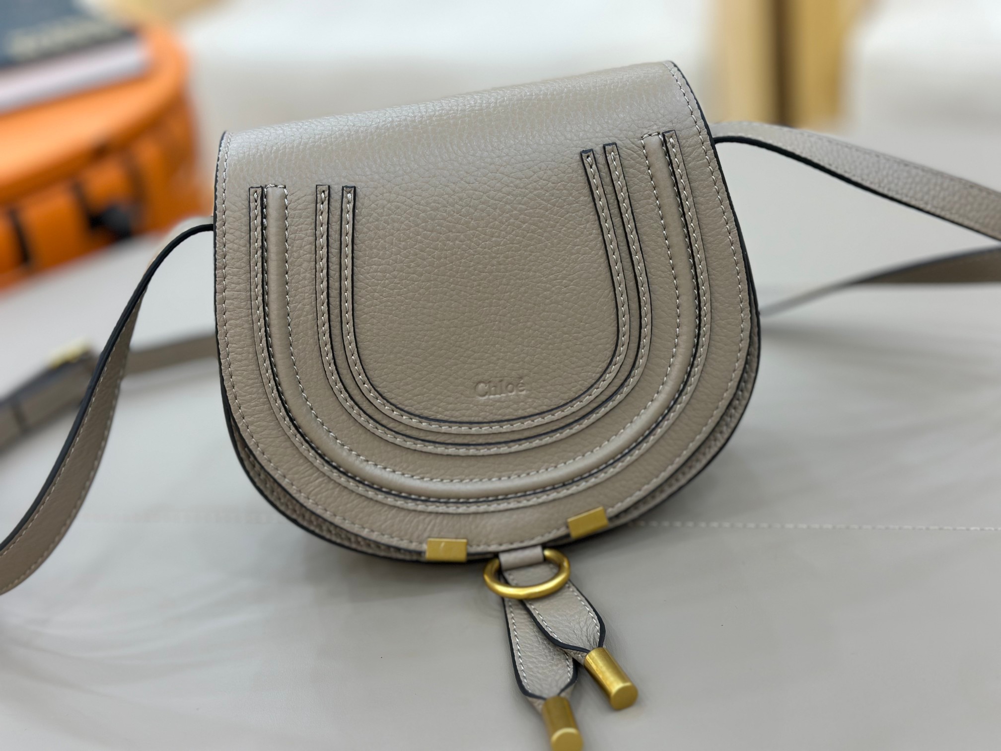 Chloe Small Marcie Saddle Bag in Grained Calfskin-Grey