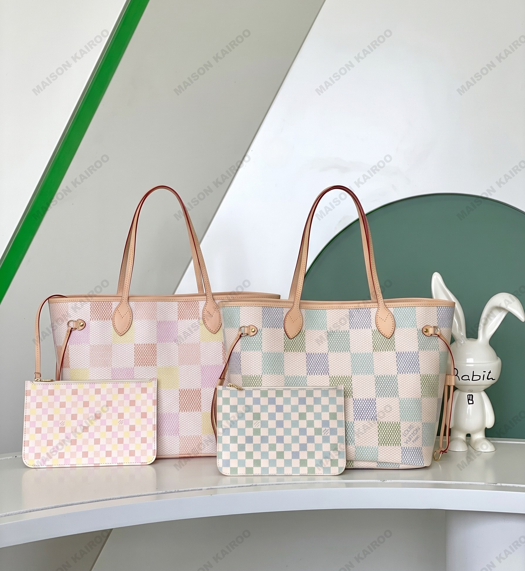 Louis Vuitton LV Neverfull MM Pastel Multicolor Damier Azur Check Coated Canvas Tote Bag With Pouch - KAIROO