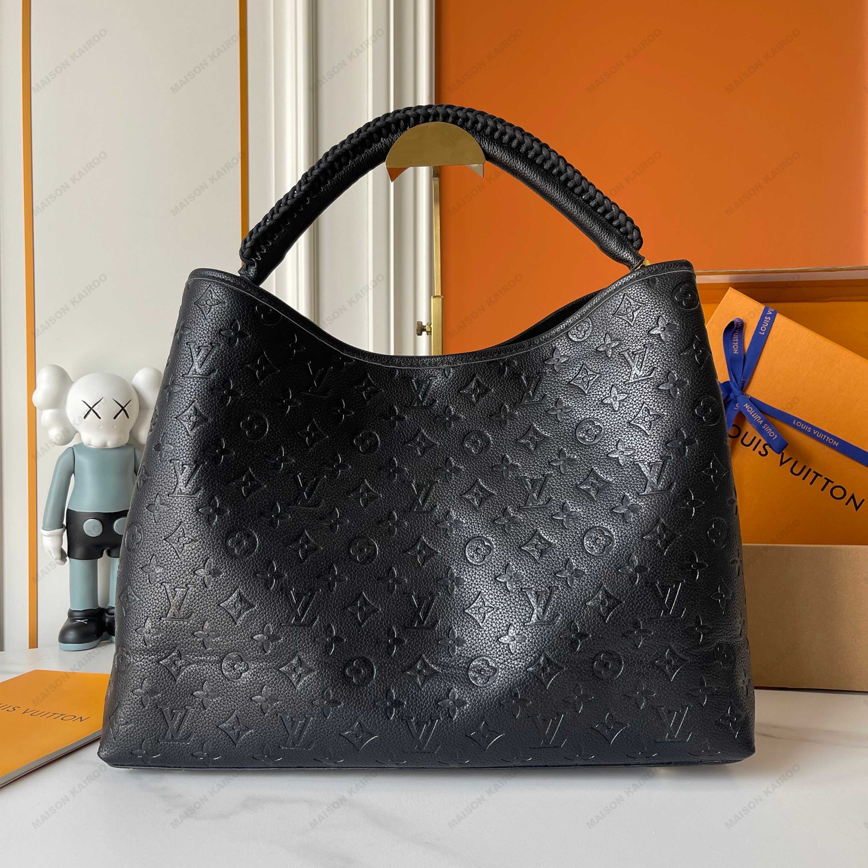 Louis Vuitton LV Artsy MM Black Monogram Empreinte Leather Braided Handle Hobo Shoulder Bag - KAIROO