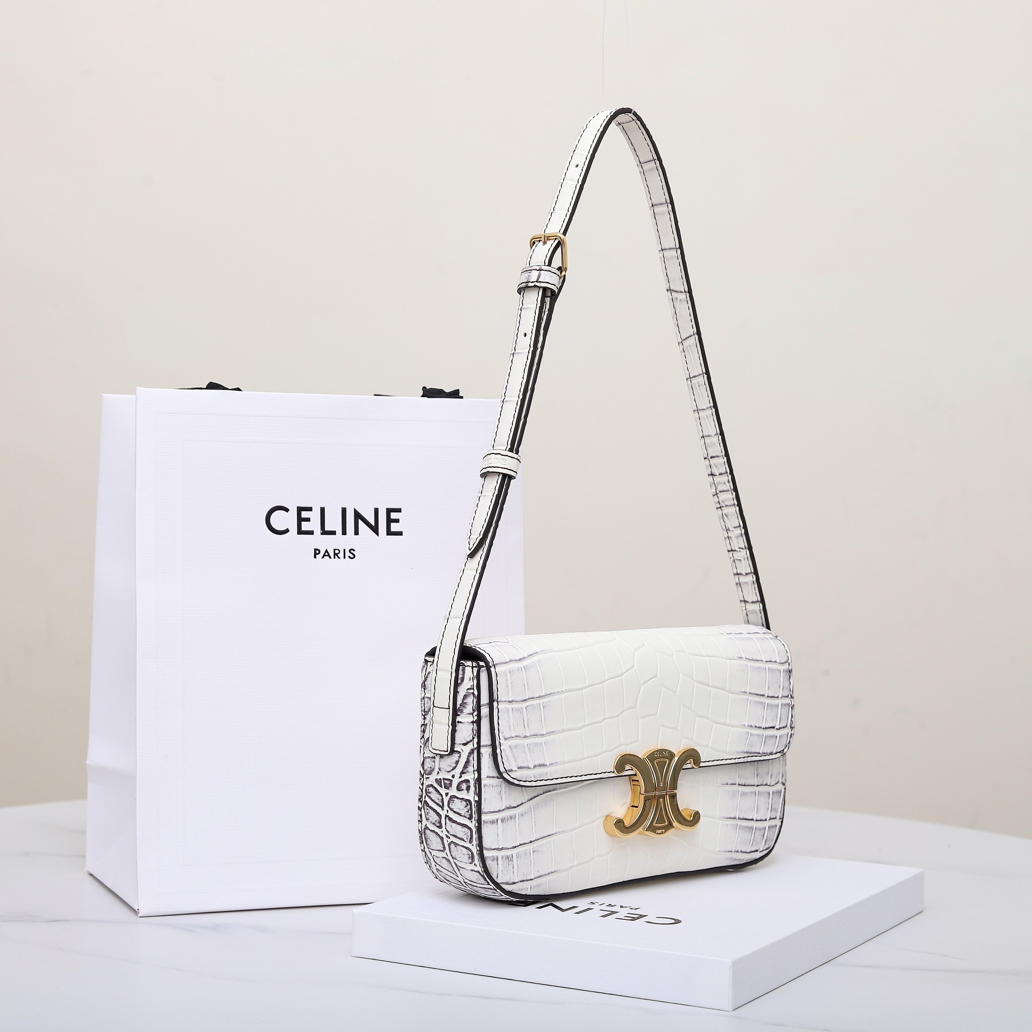 Celine Himalaya Crocodile Embossed Fine Leather Gold Triomphe Clasp Sleek Baguette Bag - KAIROO