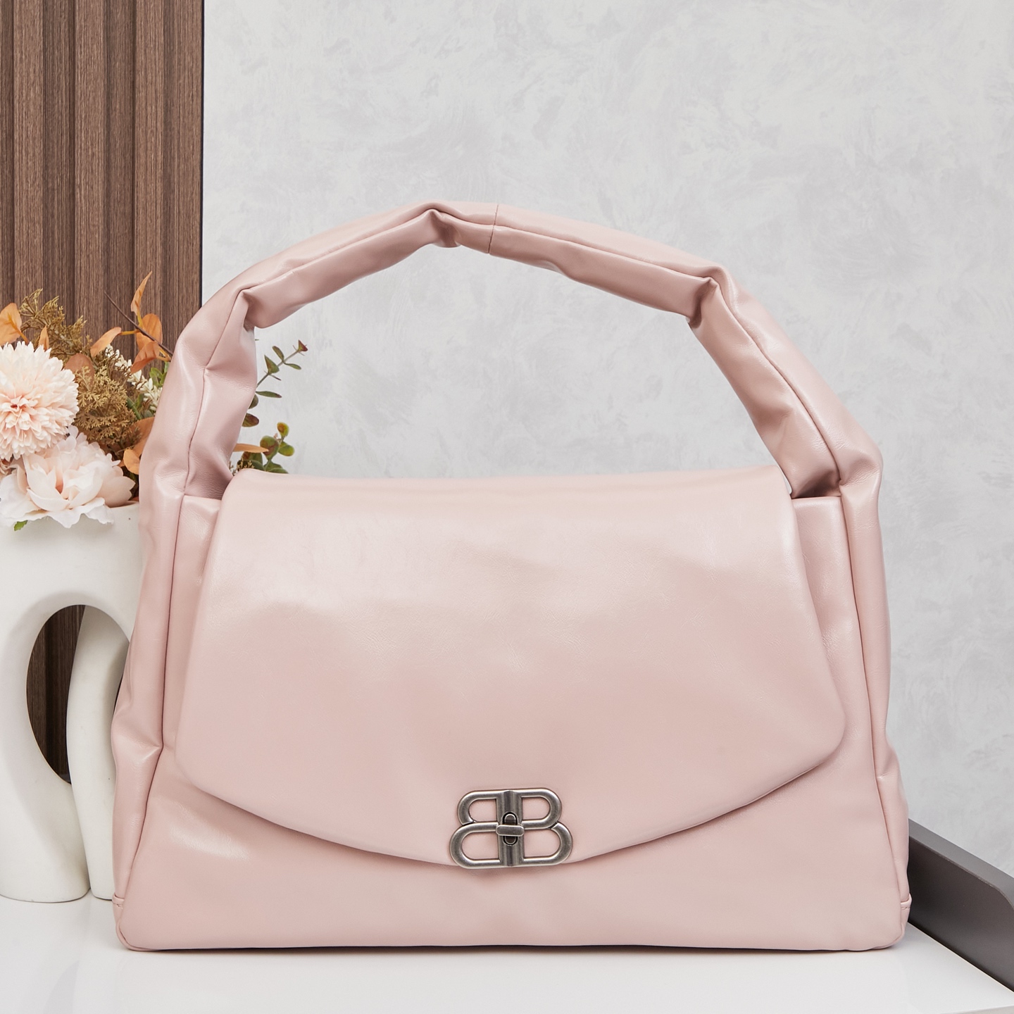 Balenciaga Monaco Pink Padded Slouchy Leather BB Logo Puffy Handle Shoulder Tote Bags - KAIROO